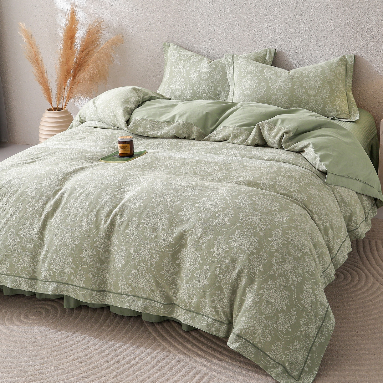 91家纺网 家纺一手货源 找家纺 金艾草 2026新款欧式风雕花全棉纯棉花边床盖四件套 欧花-浅绿