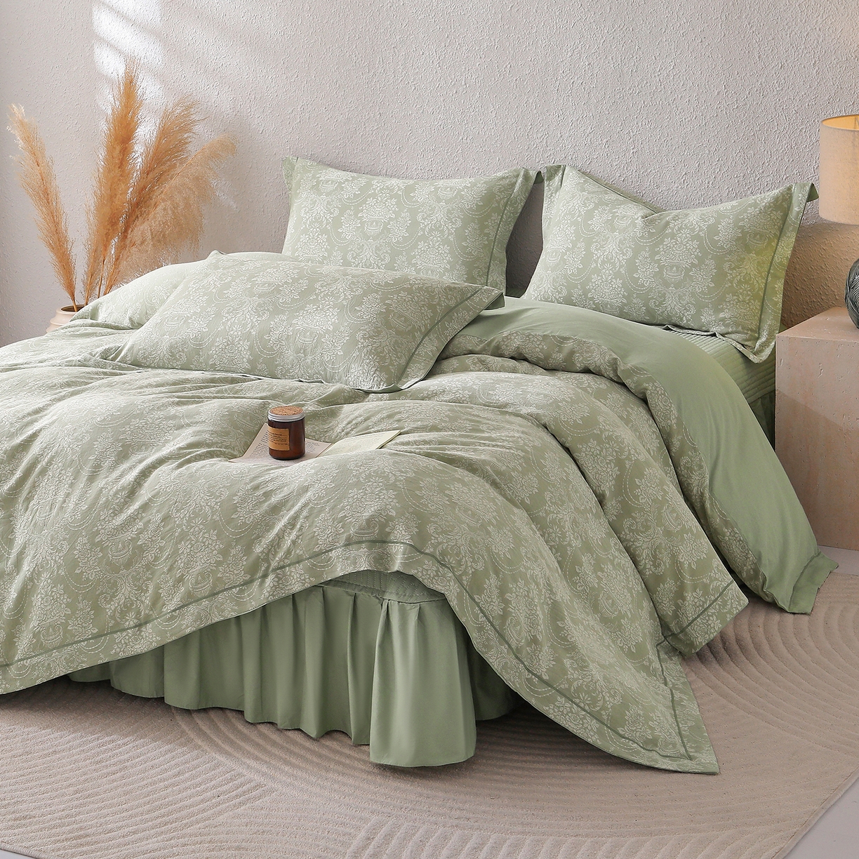 91家纺网 家纺一手货源 找家纺 金艾草 2026新款欧式风雕花全棉纯棉花边床盖四件套 欧花-浅绿