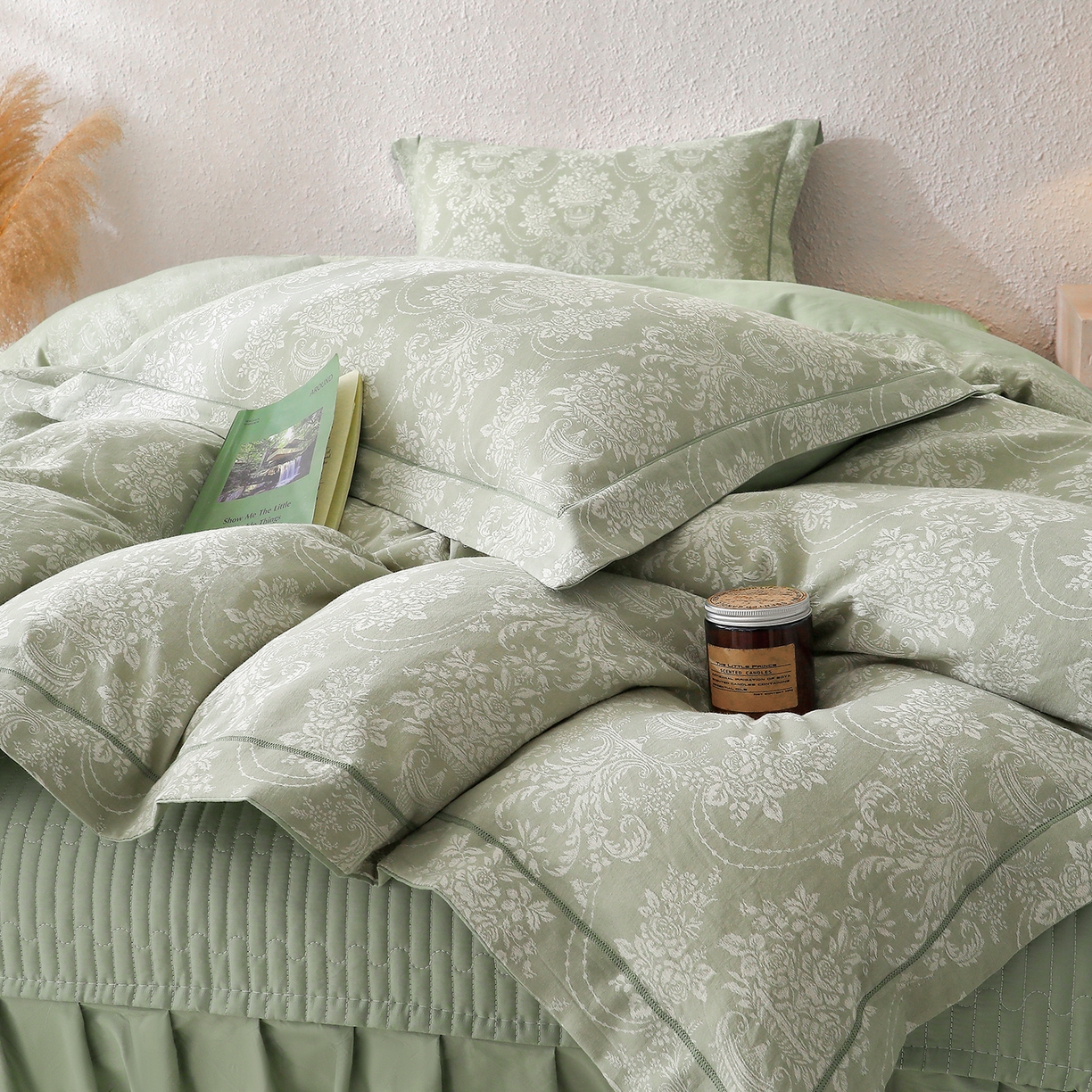 91家纺网 家纺一手货源 找家纺 金艾草 2026新款欧式风雕花全棉纯棉花边床盖四件套 欧花-浅绿