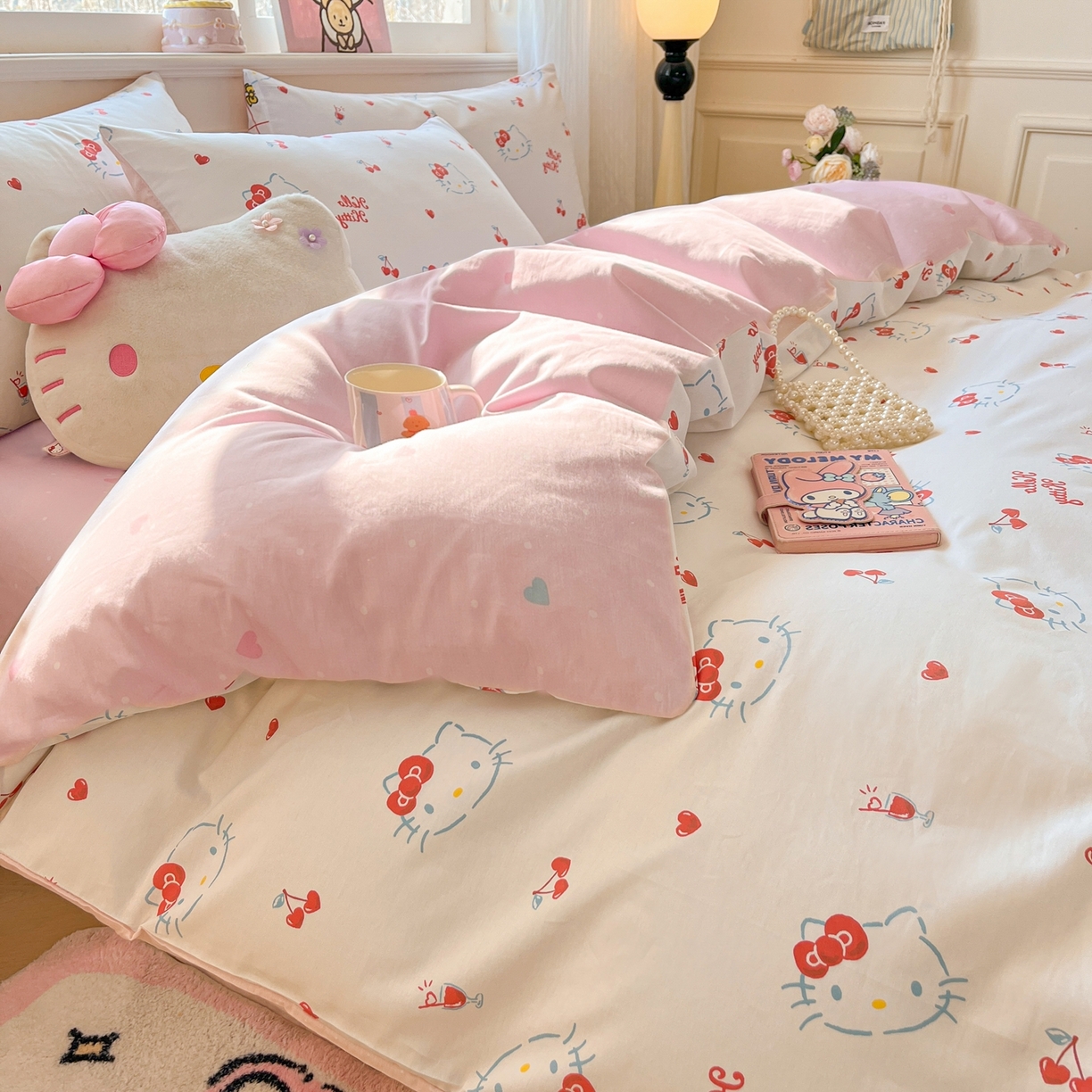 91家纺网 家纺一手货源 找家纺 博雅 2026新款三丽鸥全棉纯棉小版印花四件套 樱桃kt