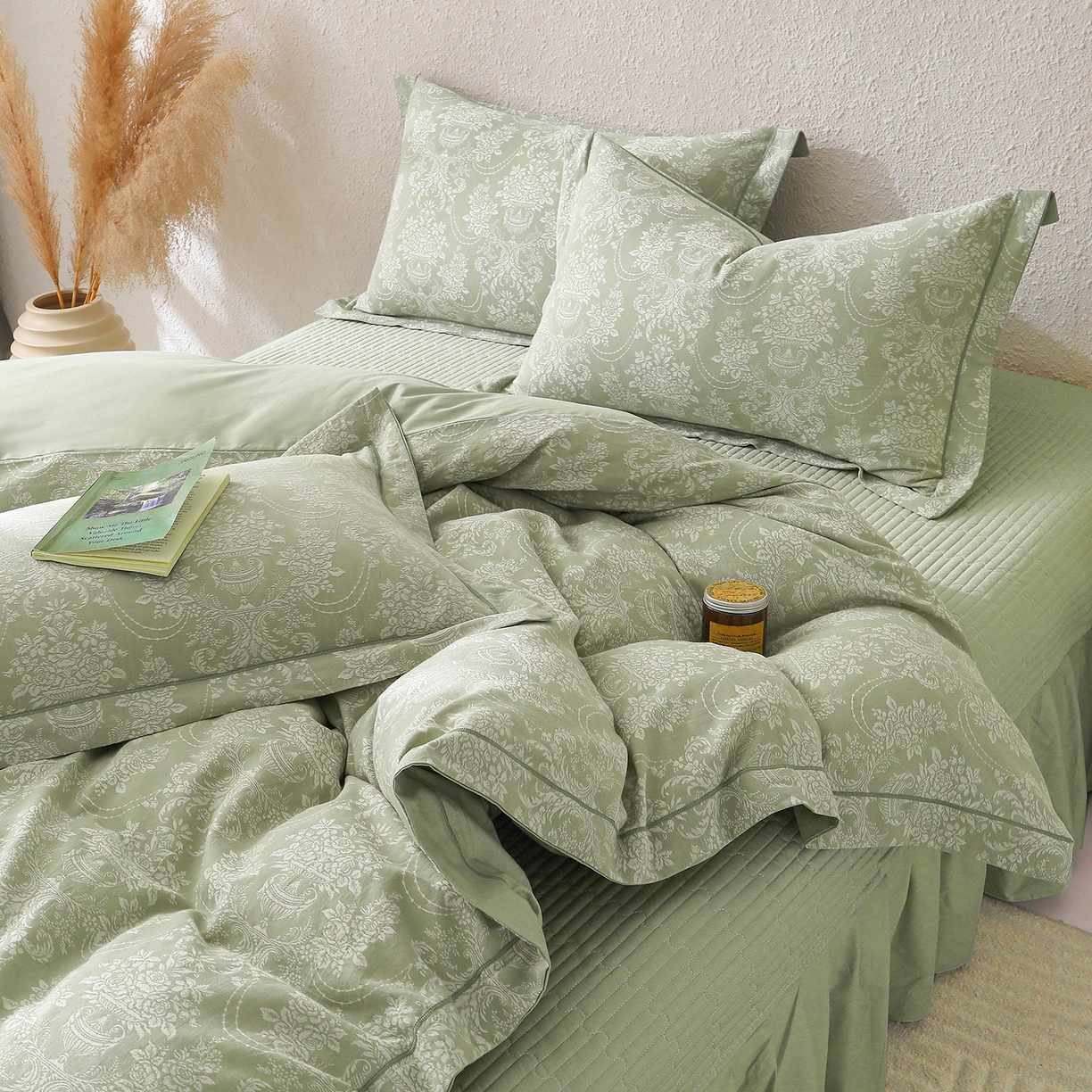 91家纺网 家纺一手货源 找家纺 金艾草 2026新款欧式风雕花全棉纯棉花边床盖四件套 欧花-浅绿