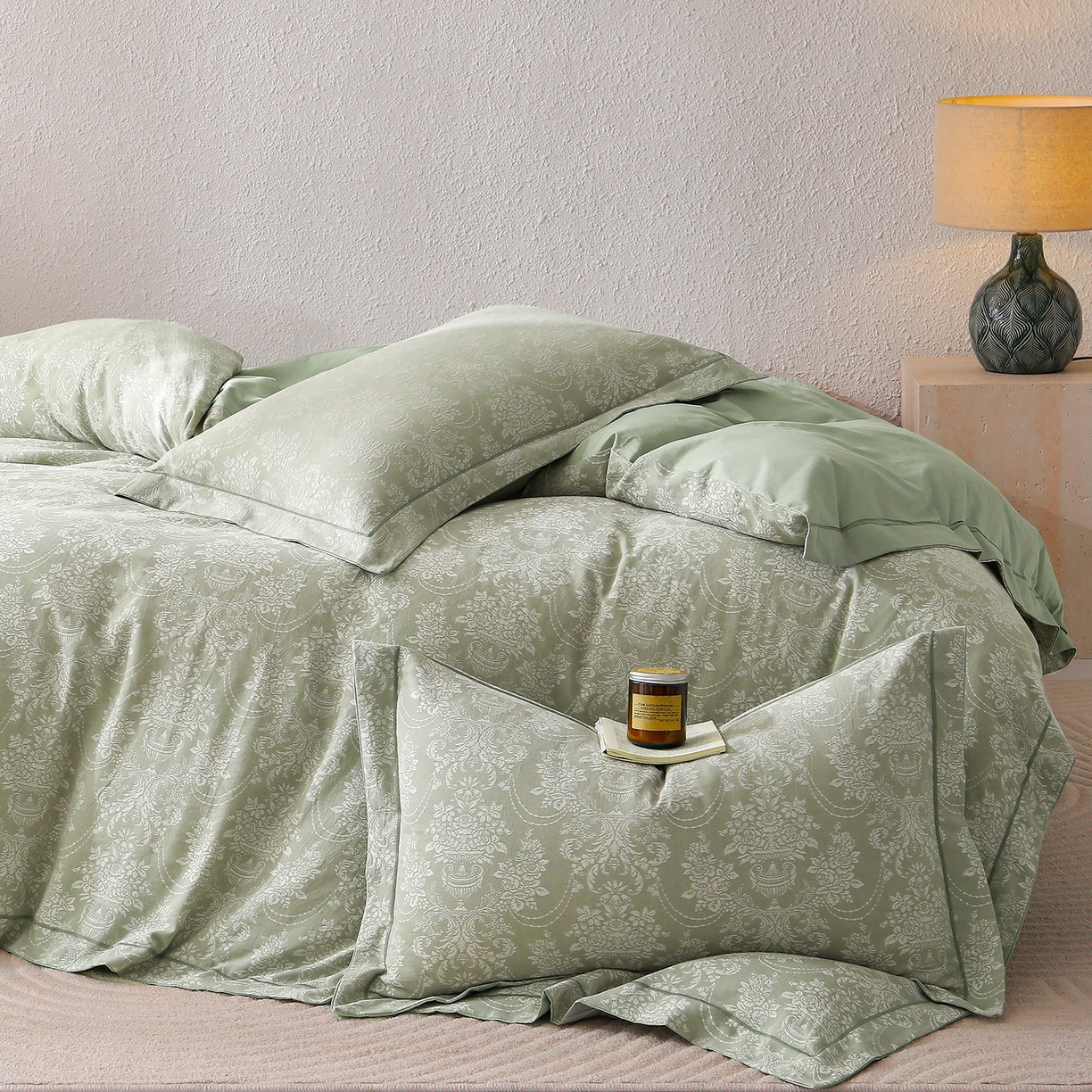 91家纺网 家纺一手货源 找家纺 金艾草 2026新款欧式风雕花全棉纯棉花边床盖四件套 欧花-浅绿