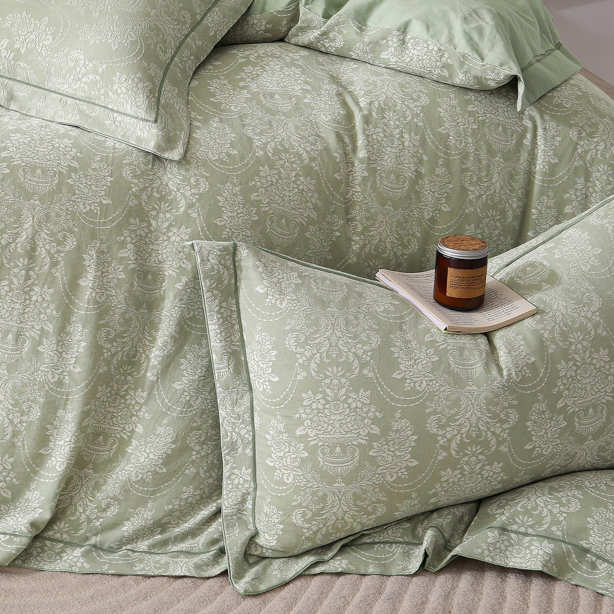 91家纺网 家纺一手货源 找家纺 金艾草 2026新款欧式风雕花全棉纯棉花边床盖四件套 欧花-浅绿