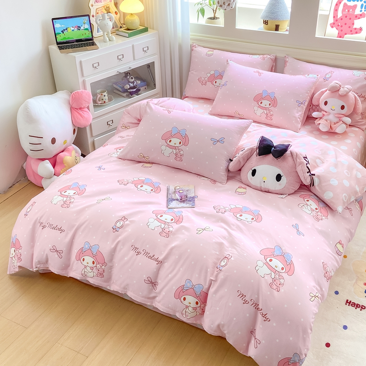 91家纺网 家纺一手货源 找家纺 博雅 2026新款三丽鸥全棉纯棉小版印花四件套 小兔美乐蒂