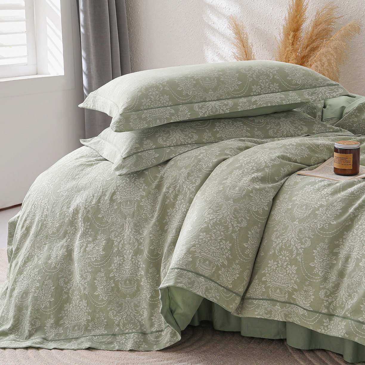 91家纺网 家纺一手货源 找家纺 金艾草 2026新款欧式风雕花全棉纯棉花边床盖四件套 欧花-浅绿