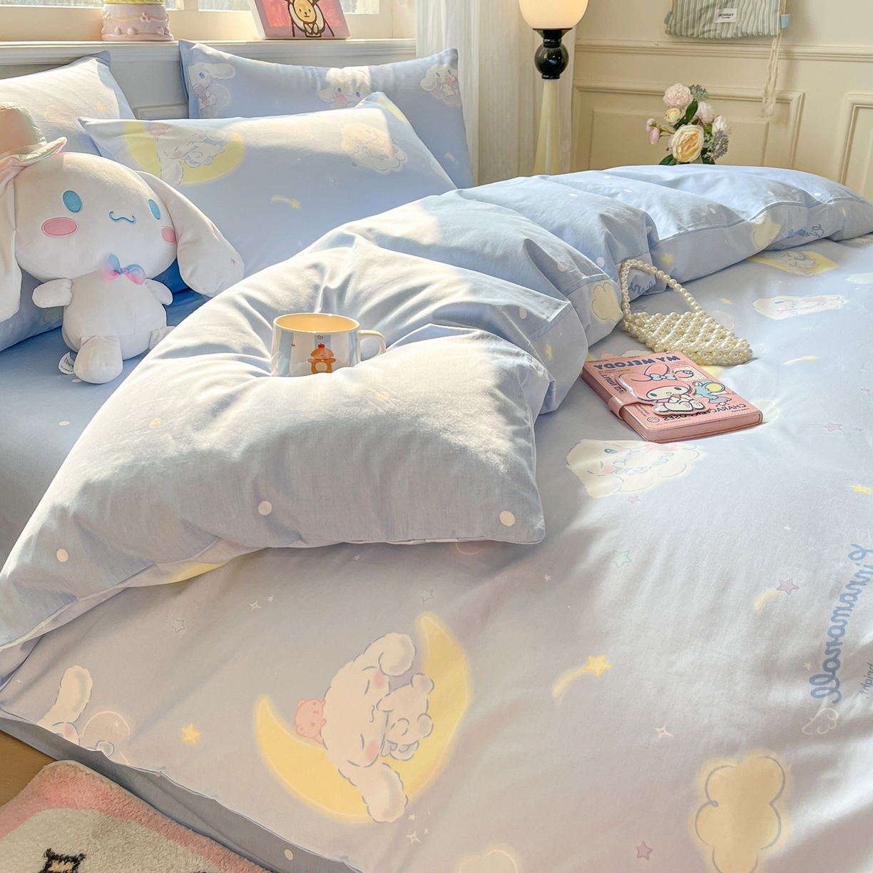 91家纺网 家纺一手货源 找家纺 博雅 2026新款三丽鸥全棉纯棉小版印花四件套 晚安玉桂狗