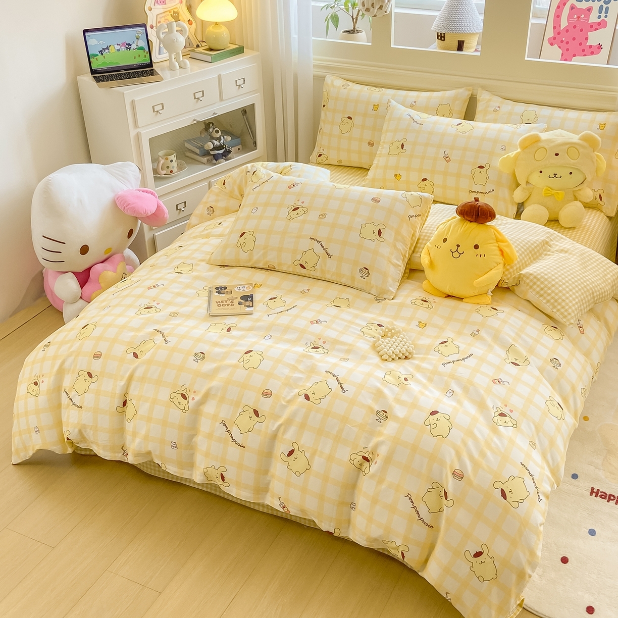 91家纺网 家纺一手货源 找家纺 博雅 2026新款三丽鸥全棉纯棉小版印花四件套 美食布丁狗