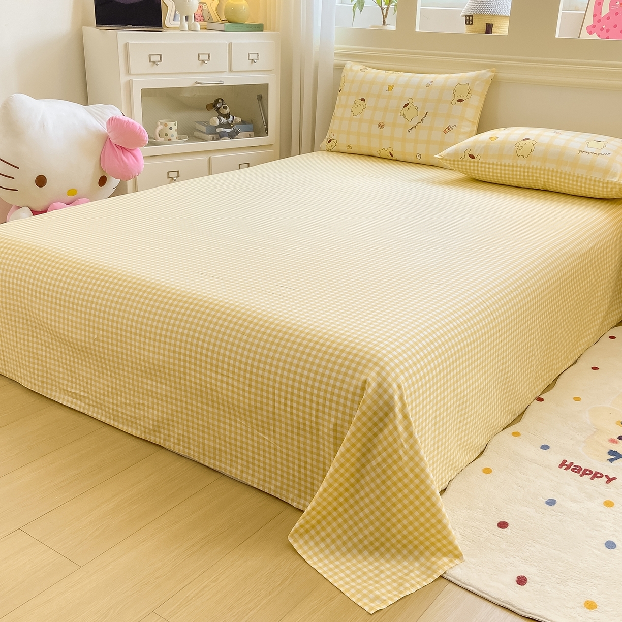 91家纺网 家纺一手货源 找家纺 博雅 2026新款三丽鸥全棉纯棉小版印花四件套 美食布丁狗