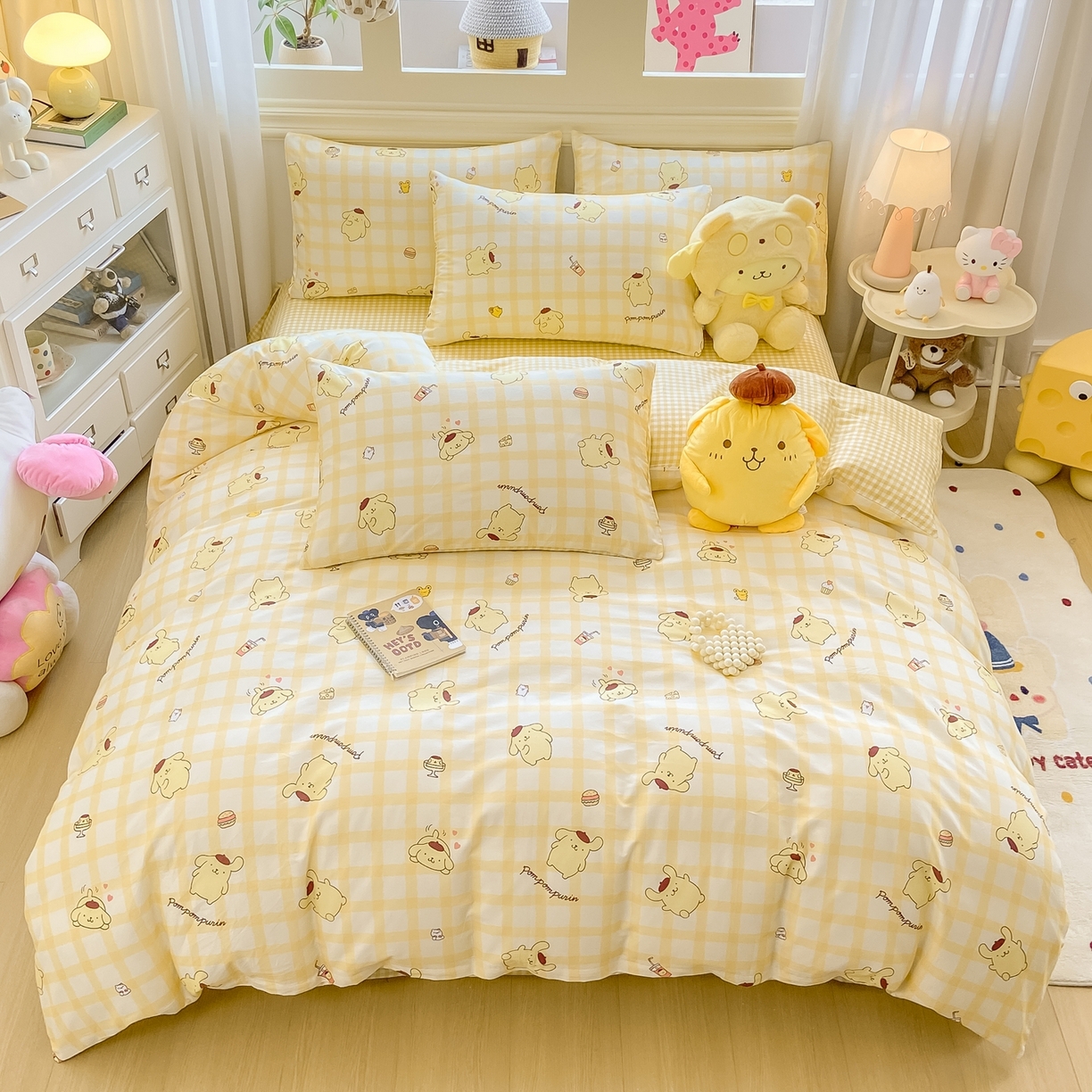 91家纺网 家纺一手货源 找家纺 博雅 2026新款三丽鸥全棉纯棉小版印花四件套 美食布丁狗