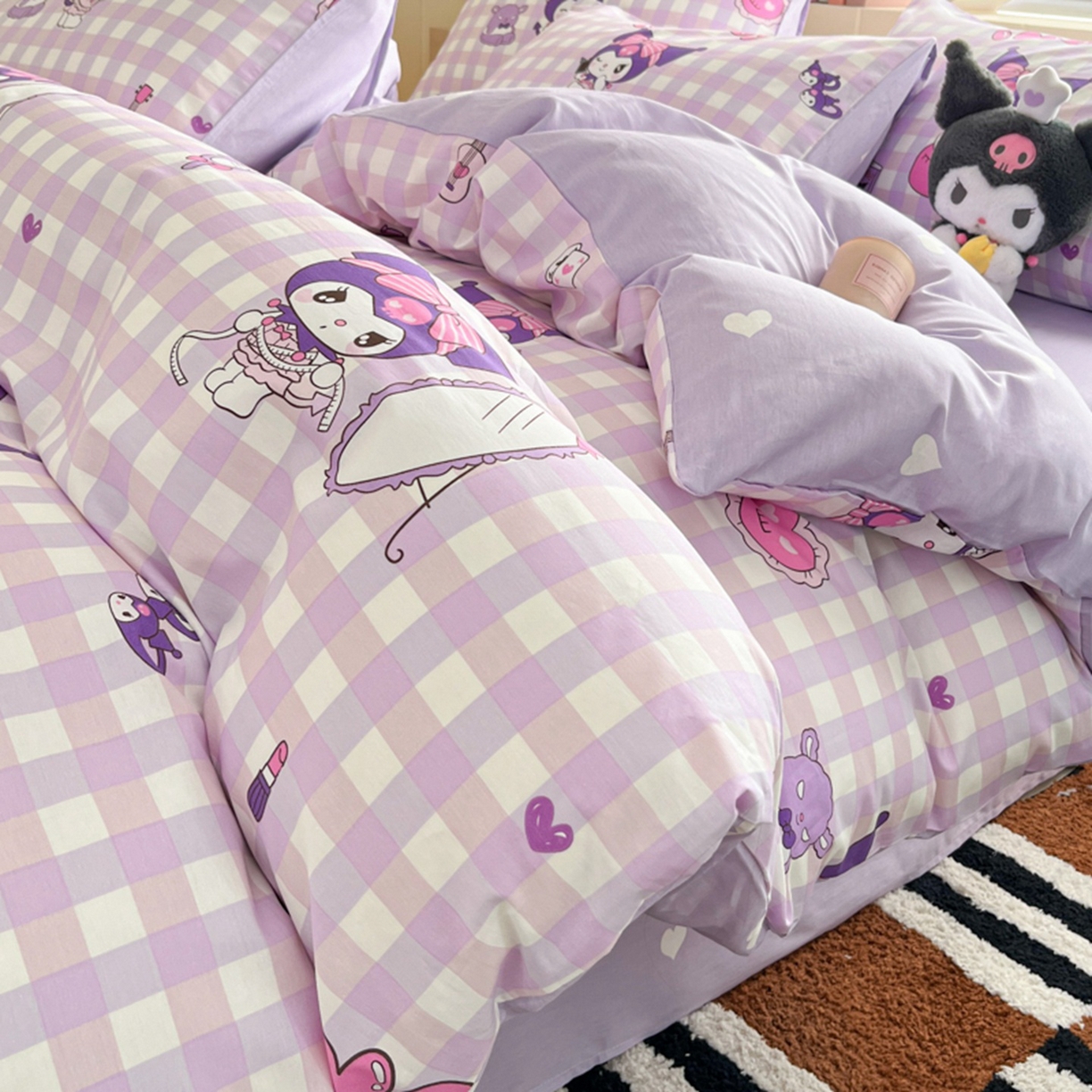 博雅 2026新款三丽鸥全棉纯棉小版印花四件套 小方格库洛米