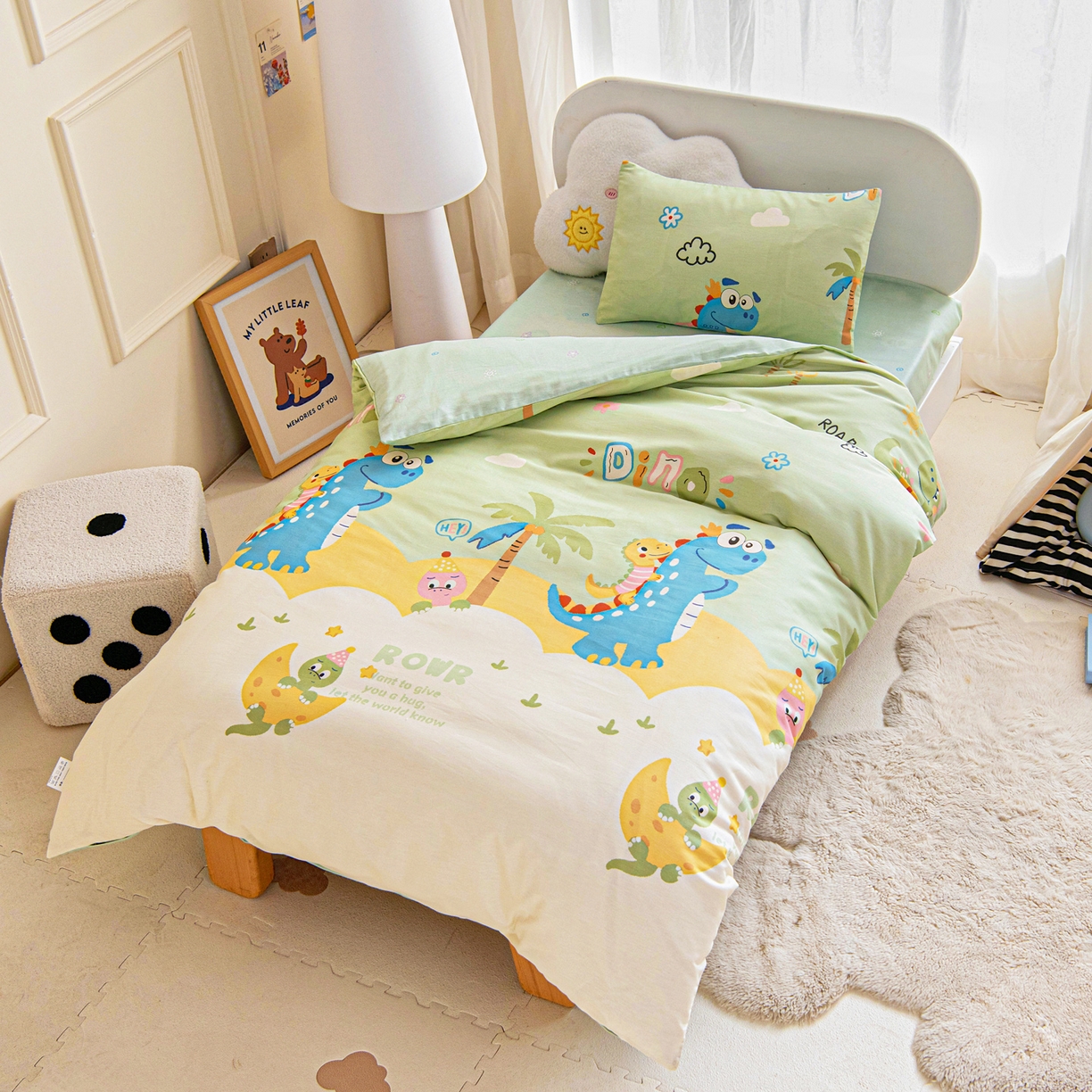 91家纺网 家纺一手货源 找家纺 乐秀家纺 2026新款全棉幼儿园被子三件套卡通纯棉被套被芯六件套 趣味巴士