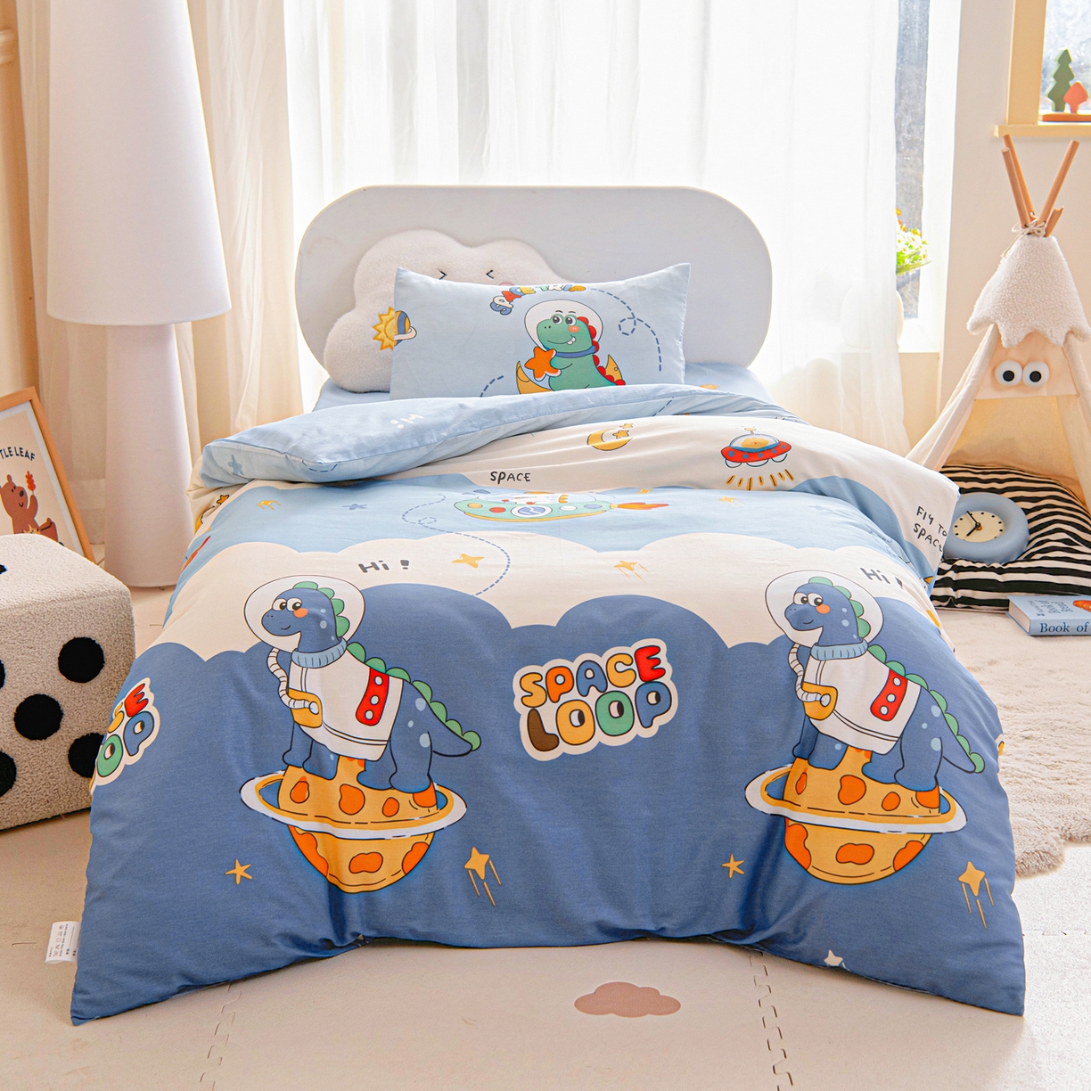 91家纺网 家纺一手货源 找家纺 乐秀家纺 2026新款全棉幼儿园被子三件套卡通纯棉被套被芯六件套 晚安宝贝