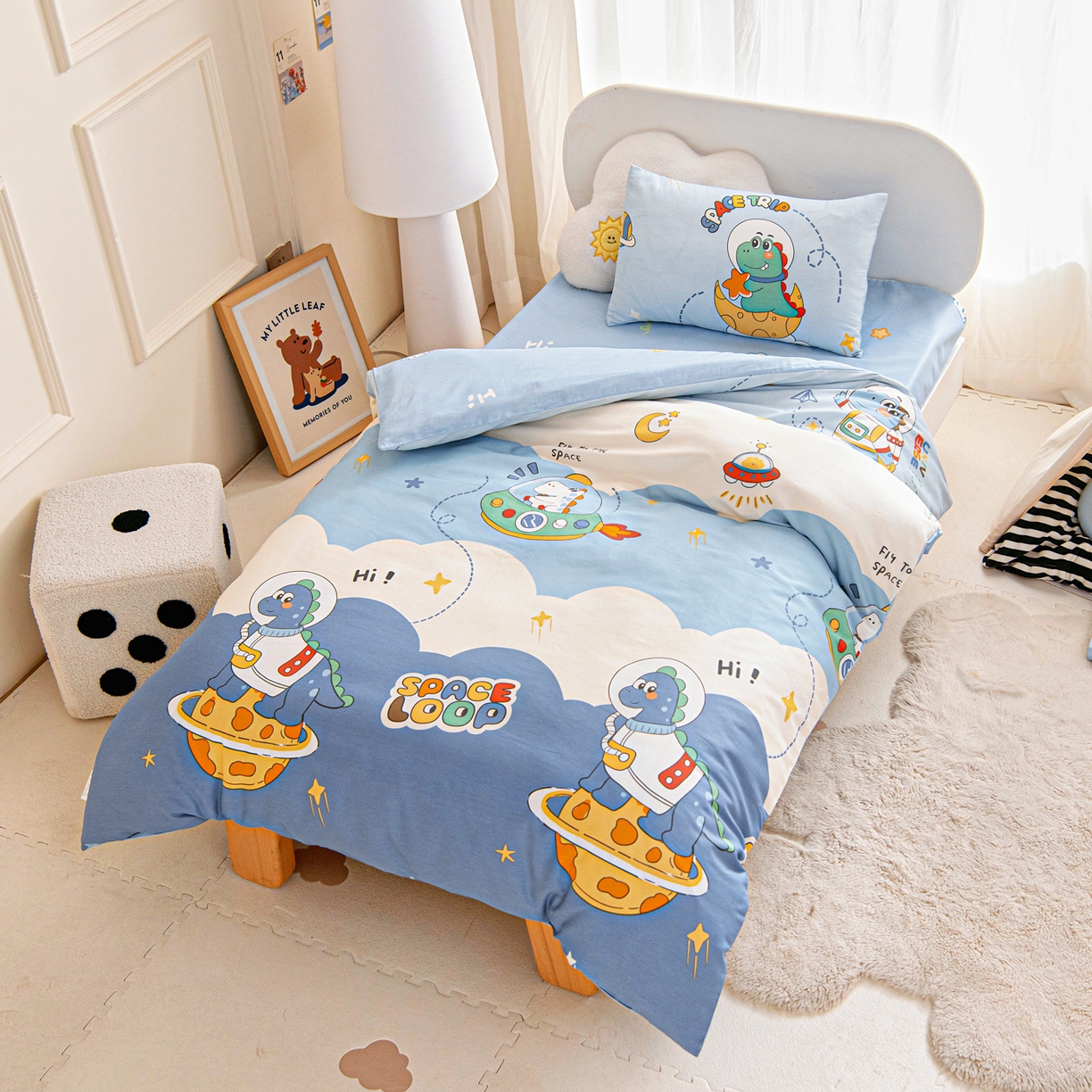 91家纺网 家纺一手货源 找家纺 乐秀家纺 2026新款全棉幼儿园被子三件套卡通纯棉被套被芯六件套 晚安宝贝