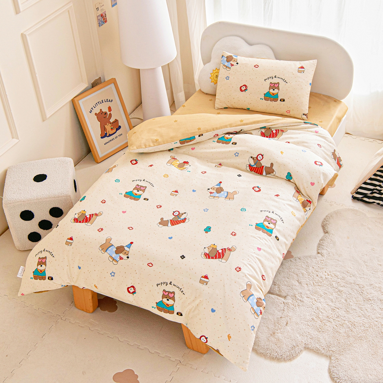 91家纺网 家纺一手货源 找家纺 乐秀家纺 2026新款全棉幼儿园被子三件套卡通纯棉被套被芯六件套 汪汪派对