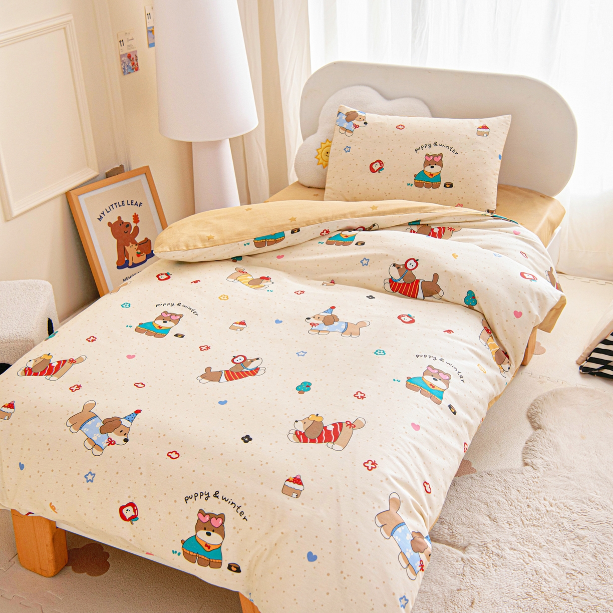 91家纺网 家纺一手货源 找家纺 乐秀家纺 2026新款全棉幼儿园被子三件套卡通纯棉被套被芯六件套 汪汪派对