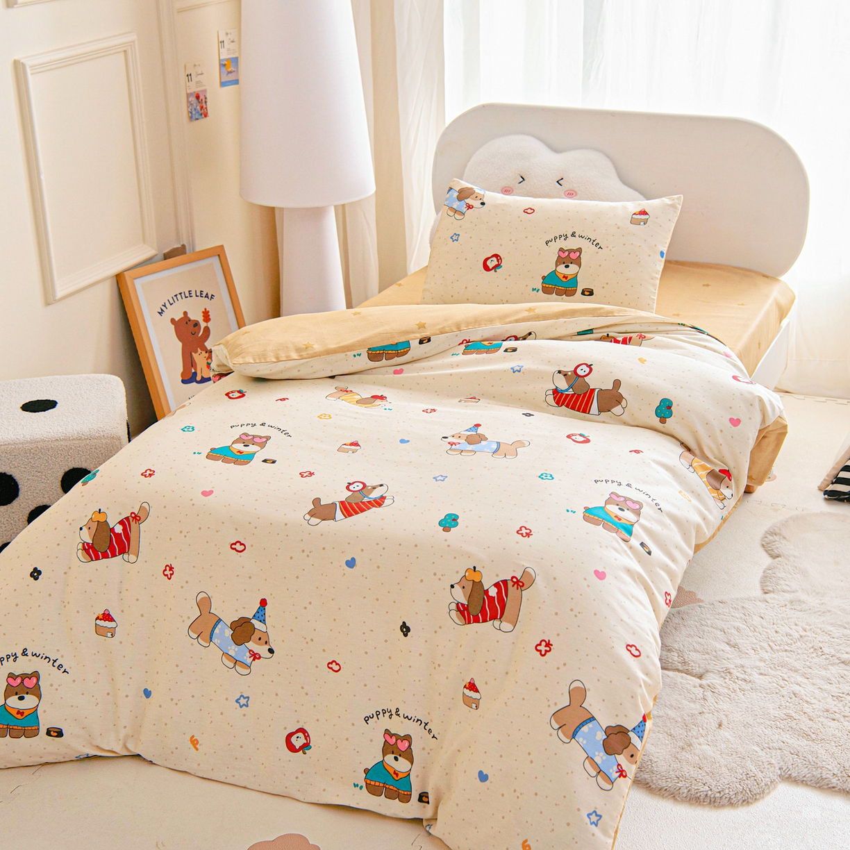 91家纺网 家纺一手货源 找家纺 乐秀家纺 2026新款全棉幼儿园被子三件套卡通纯棉被套被芯六件套 汪汪派对