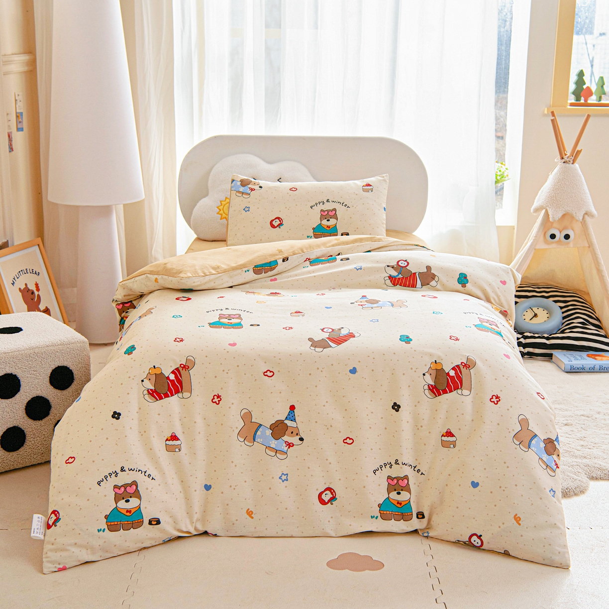 91家纺网 家纺一手货源 找家纺 乐秀家纺 2026新款全棉幼儿园被子三件套卡通纯棉被套被芯六件套 汪汪派对