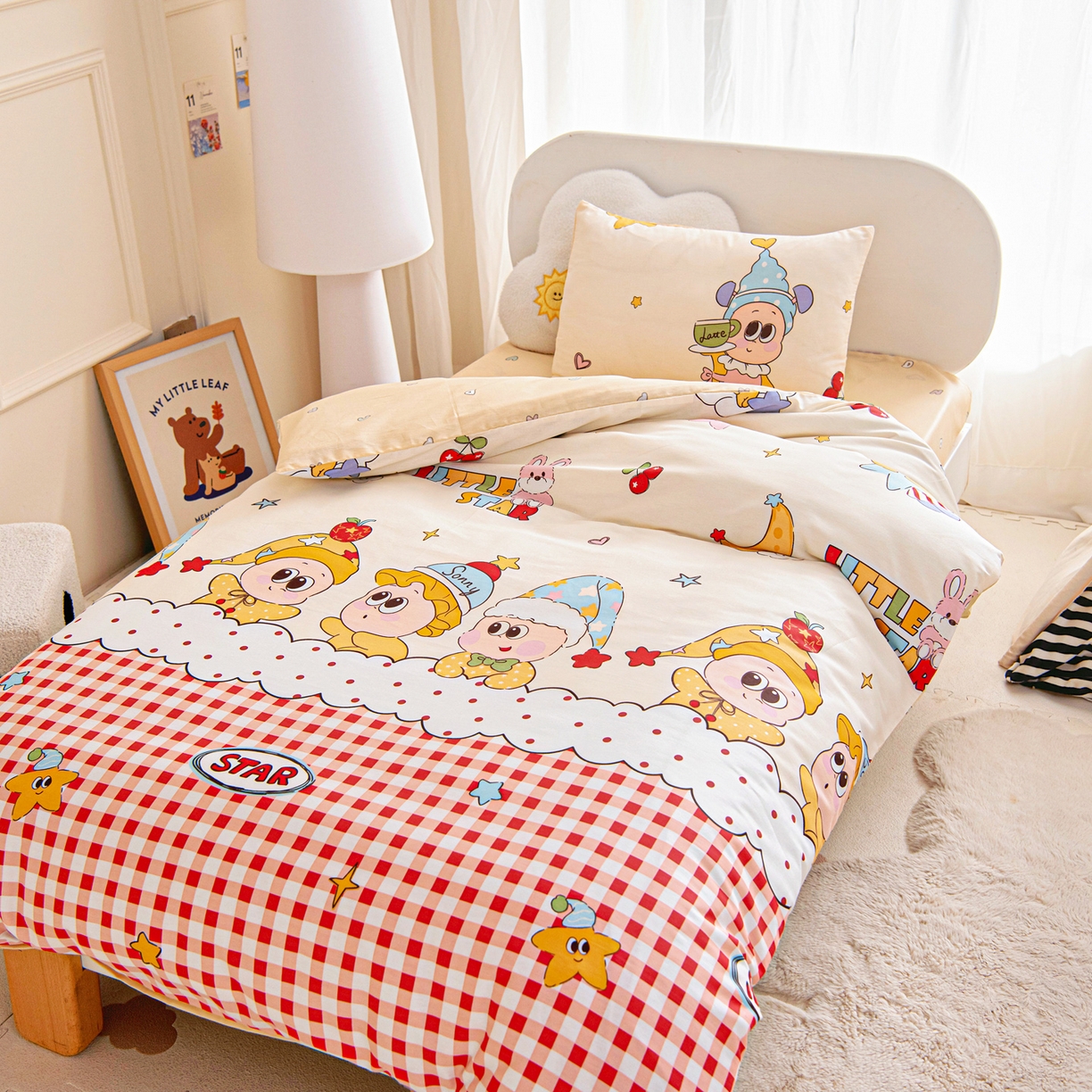 91家纺网 家纺一手货源 找家纺 乐秀家纺 2026新款全棉幼儿园被子三件套卡通纯棉被套被芯六件套 星星漫游记