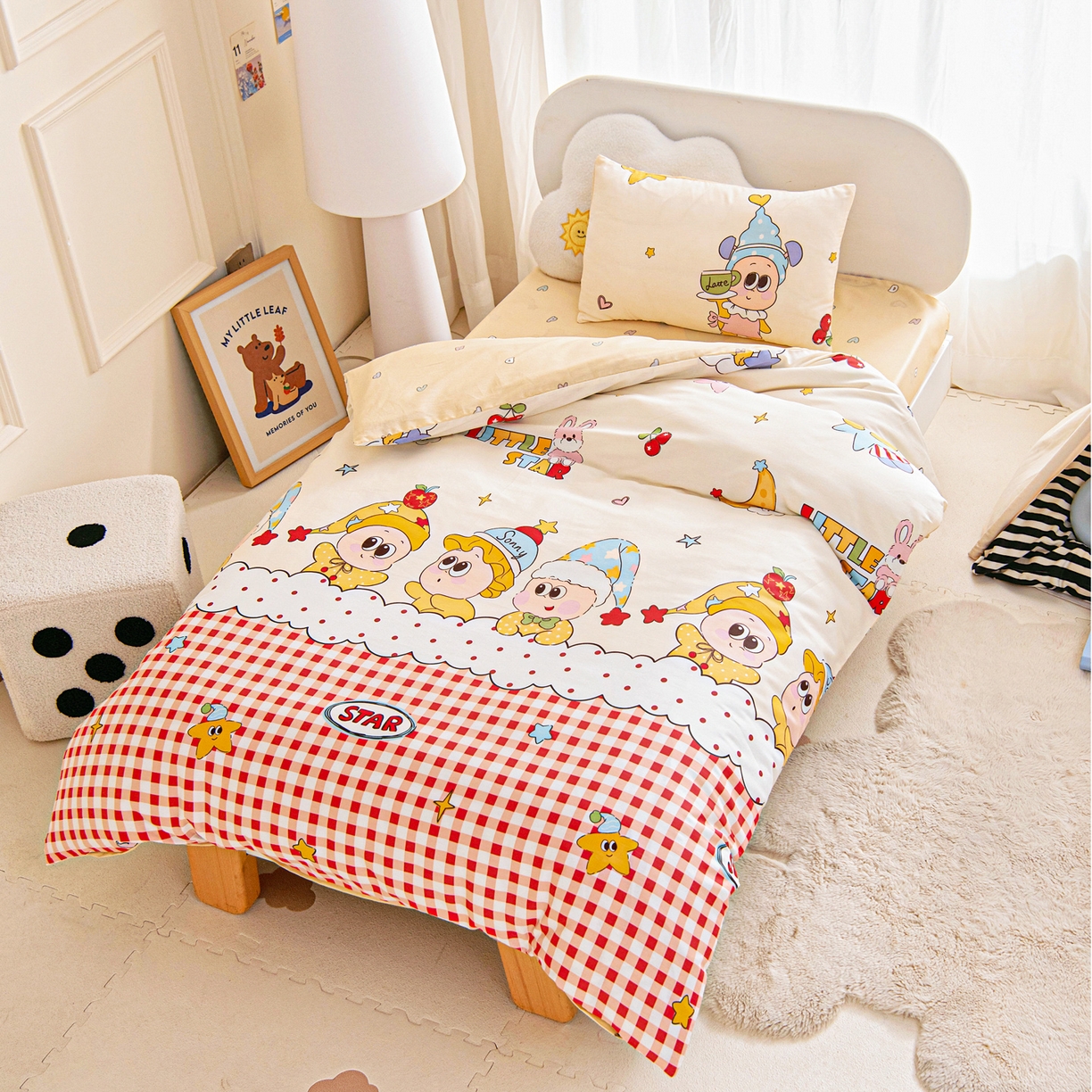 91家纺网 家纺一手货源 找家纺 乐秀家纺 2026新款全棉幼儿园被子三件套卡通纯棉被套被芯六件套 星星漫游记