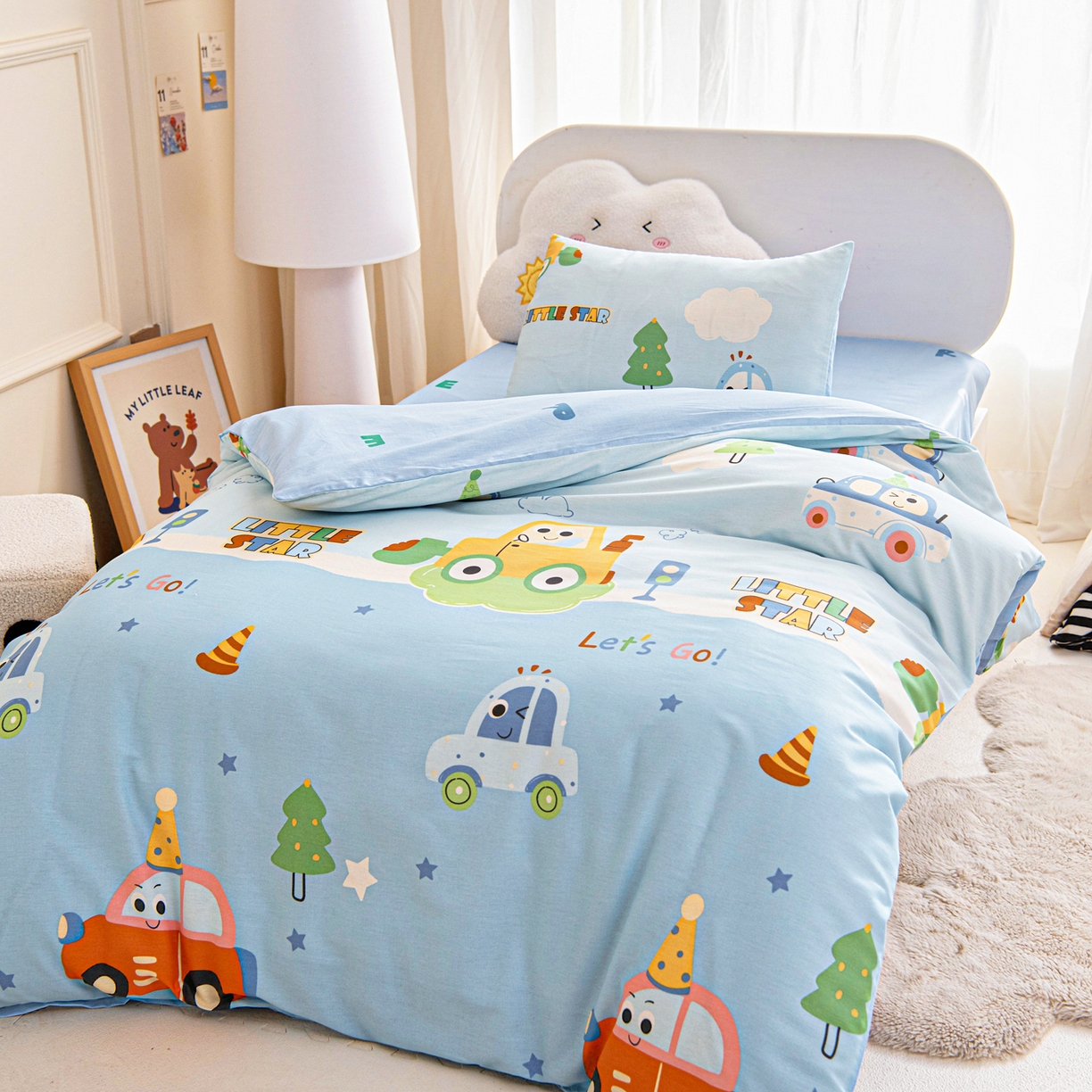 91家纺网 家纺一手货源 找家纺 乐秀家纺 2026新款全棉幼儿园被子三件套卡通纯棉被套被芯六件套 云朵汽车