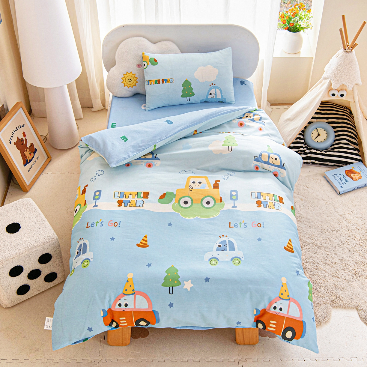 乐秀家纺 2026新款全棉幼儿园被子三件套卡通纯棉被套被芯六件套 云朵汽车