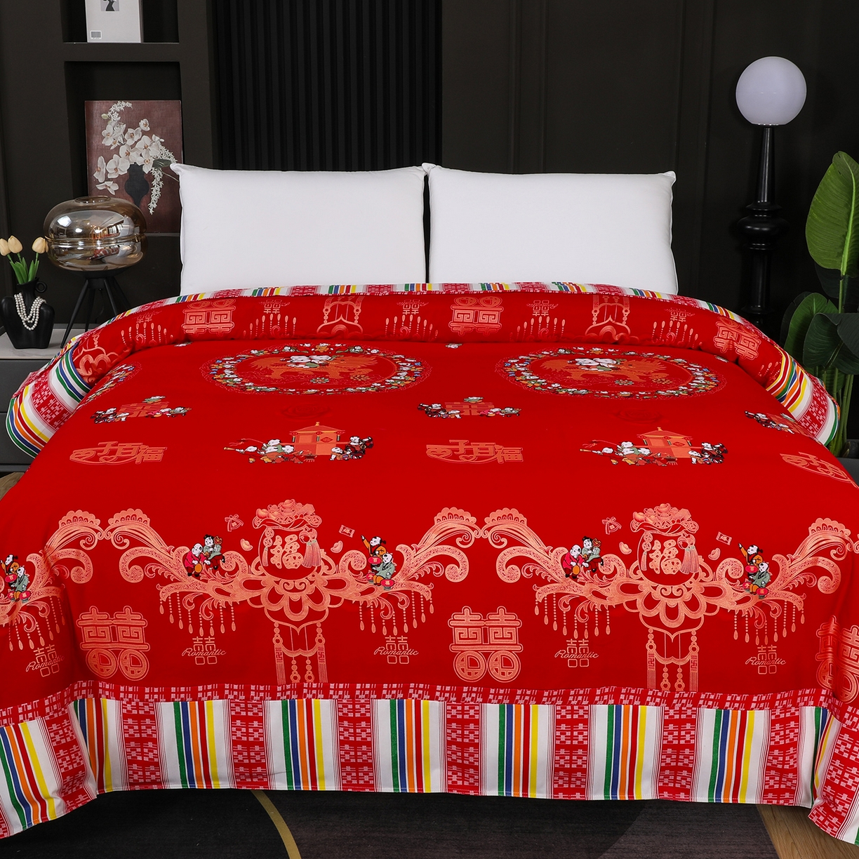 91家纺网 家纺一手货源 找家纺 （总）浩情国际婚庆供货中心 2026新款高端婚庆经典结婚被单龙凤百子被套老粗布100%全棉纯棉大红长期供货