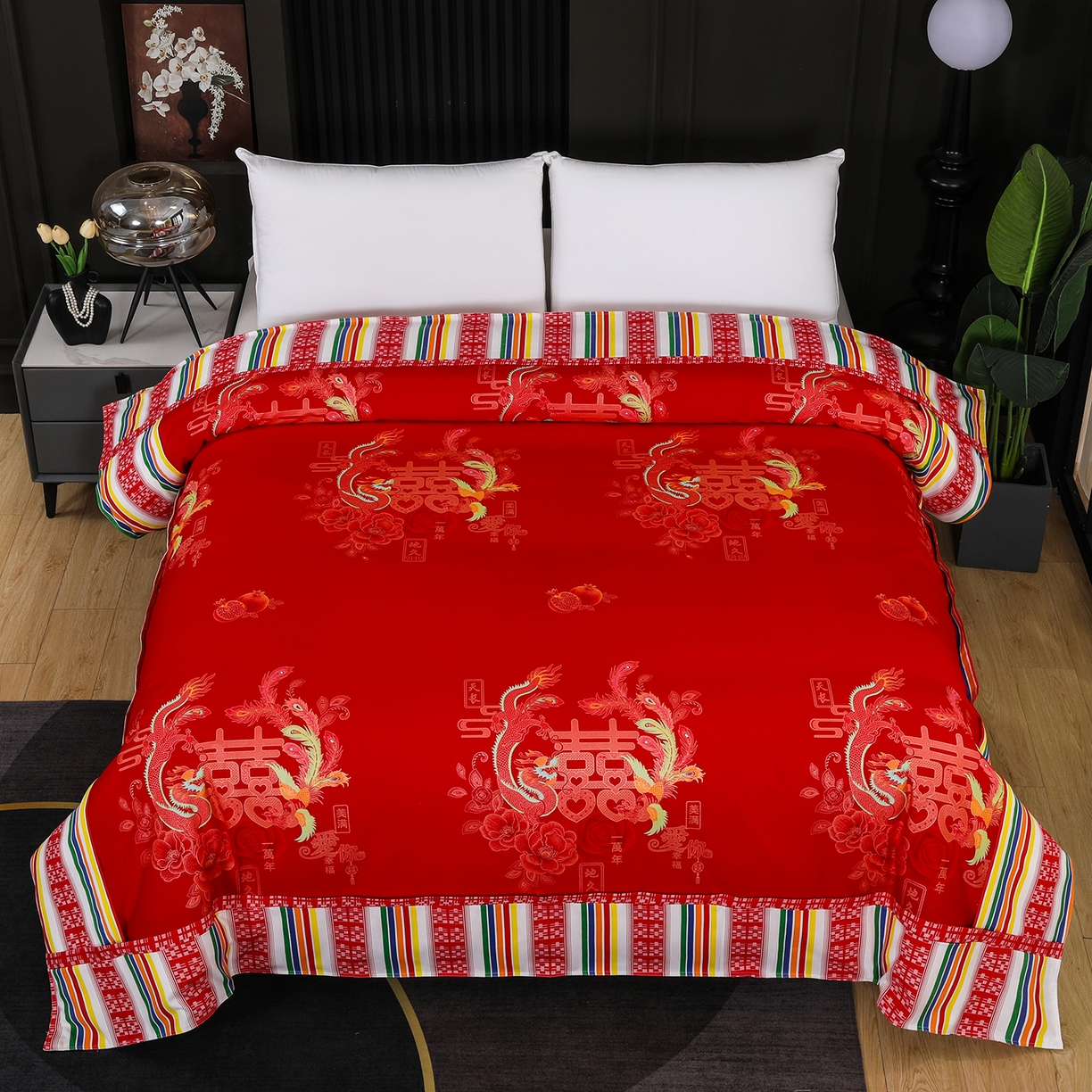 浩情国际婚庆供货中心 2026新款高端婚庆经典结婚被单龙凤百子被套老粗布100%全棉纯棉大红长期供货 龙凤爱恋-大红