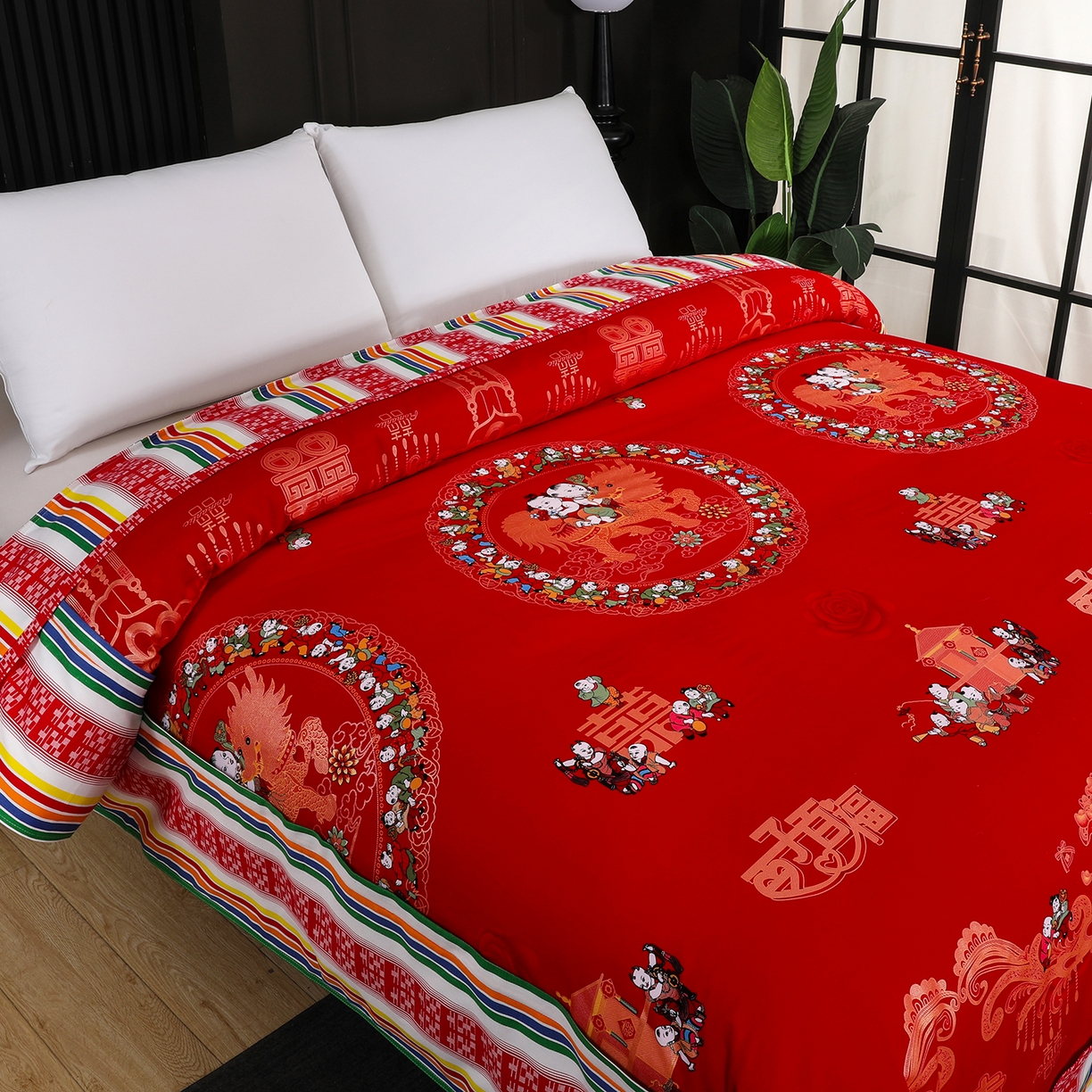 91家纺网 家纺一手货源 找家纺 （总）浩情国际婚庆供货中心 2026新款高端婚庆经典结婚被单龙凤百子被套老粗布100%全棉纯棉大红长期供货