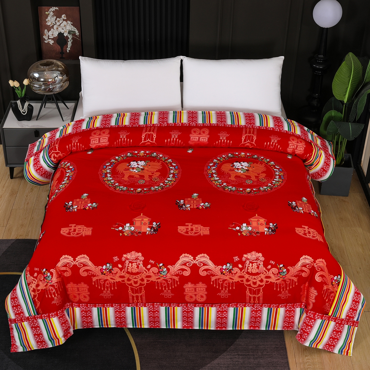 91家纺网 家纺一手货源 找家纺 （总）浩情国际婚庆供货中心 2026新款高端婚庆经典结婚被单龙凤百子被套老粗布100%全棉纯棉大红长期供货