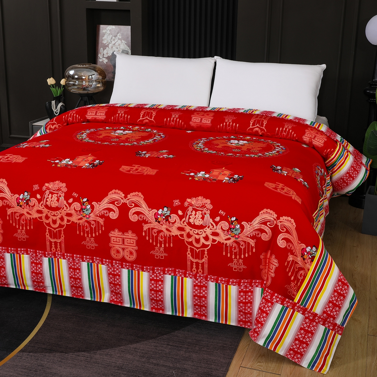 91家纺网 家纺一手货源 找家纺 浩情国际婚庆供货中心 2026新款高端婚庆经典结婚被单龙凤百子被套老粗布100%全棉纯棉大红长期供货 百子百福-大红