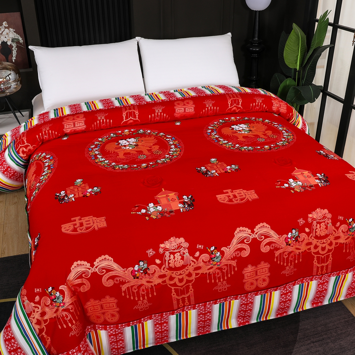 91家纺网 家纺一手货源 找家纺 （总）浩情国际婚庆供货中心 2026新款高端婚庆经典结婚被单龙凤百子被套老粗布100%全棉纯棉大红长期供货