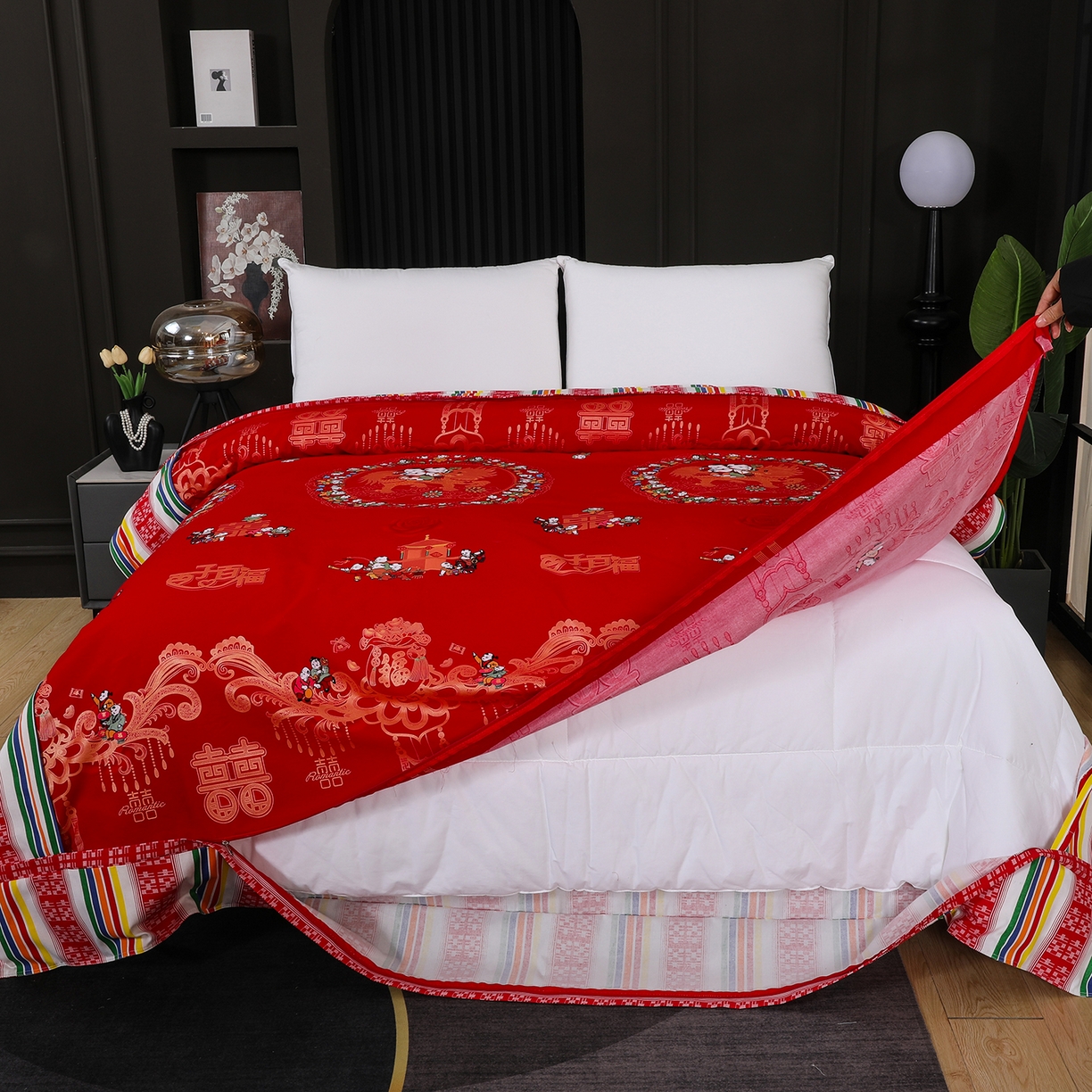 91家纺网 家纺一手货源 找家纺 浩情国际婚庆供货中心 2026新款高端婚庆经典结婚被单龙凤百子被套老粗布100%全棉纯棉大红长期供货 百子百福-大红