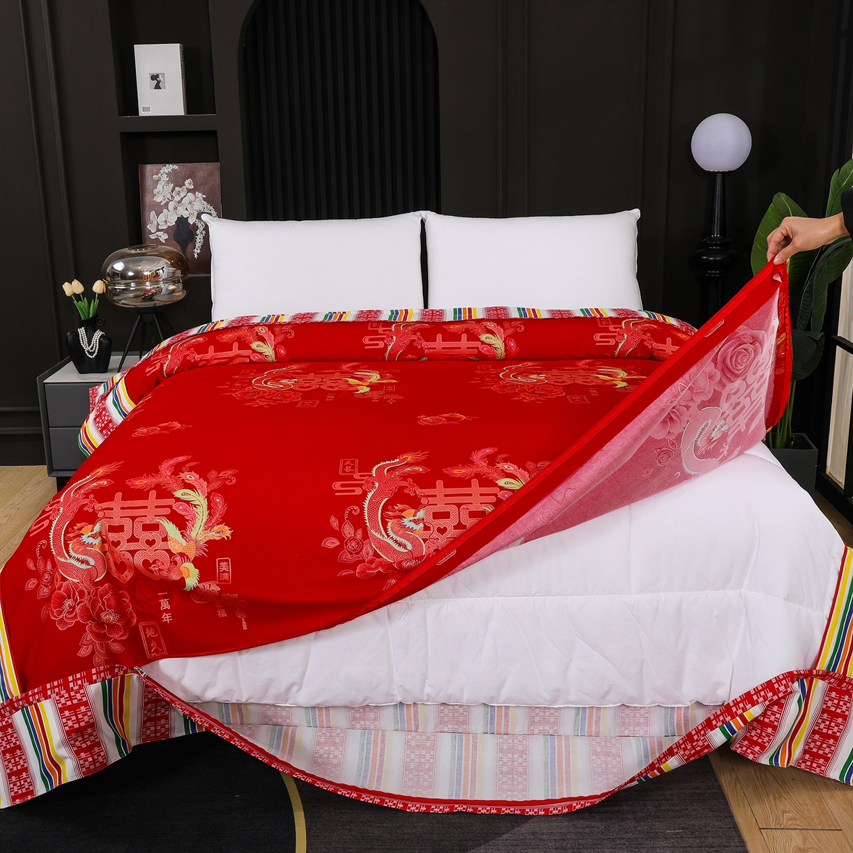 91家纺网 家纺一手货源 找家纺 浩情国际婚庆供货中心 2026新款高端婚庆经典结婚被单龙凤百子被套老粗布100%全棉纯棉大红长期供货 龙凤爱恋-大红