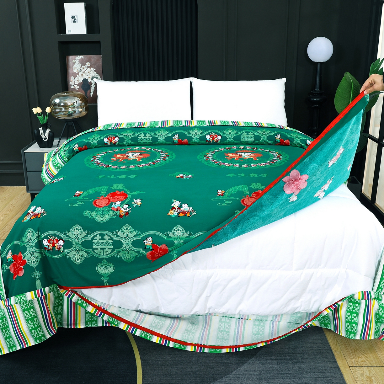 91家纺网 家纺一手货源 找家纺 浩情国际婚庆供货中心 2026新款高端婚庆经典结婚被单龙凤百子被套老粗布100%全棉纯棉大红长期供货 百子百福-深绿