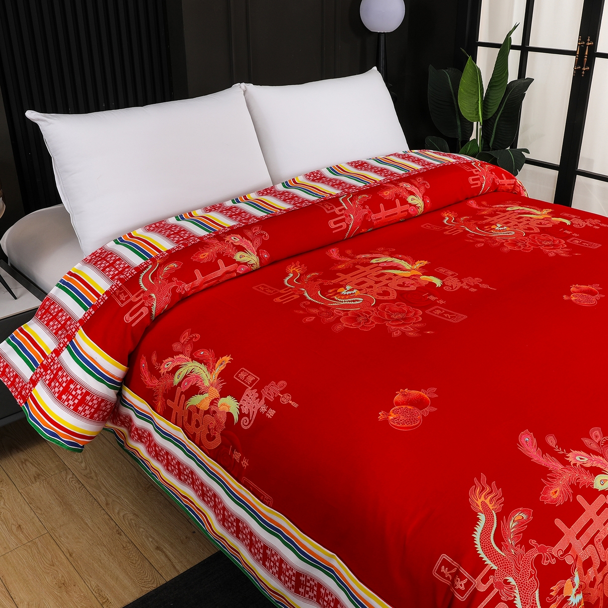 91家纺网 家纺一手货源 找家纺 浩情国际婚庆供货中心 2026新款高端婚庆经典结婚被单龙凤百子被套老粗布100%全棉纯棉大红长期供货 龙凤爱恋-大红