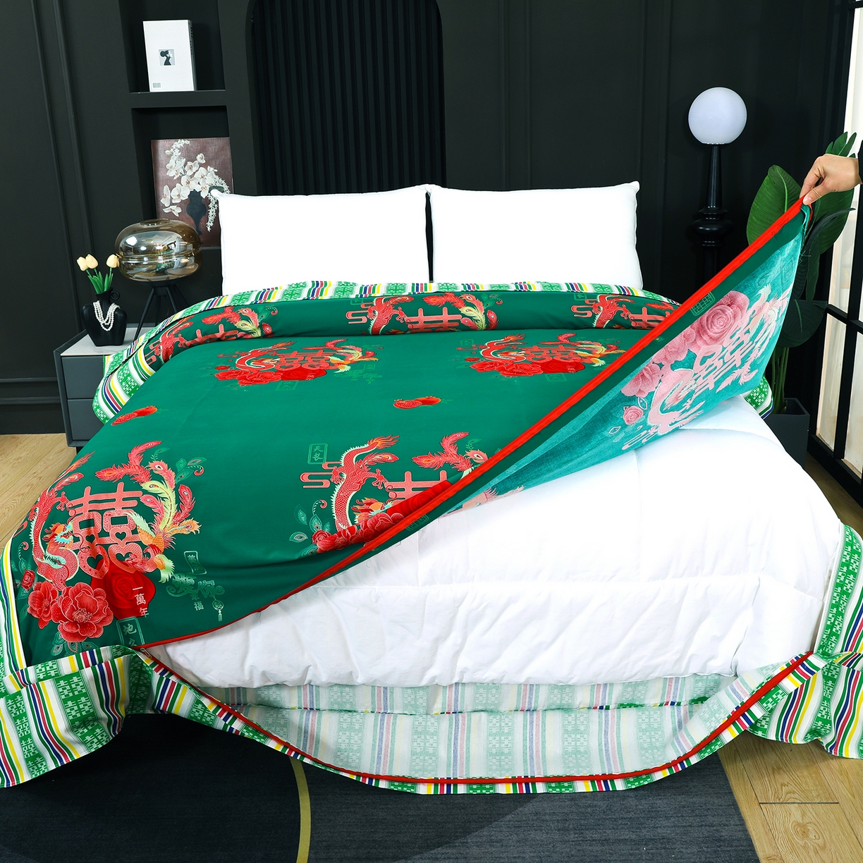 91家纺网 家纺一手货源 找家纺 浩情国际婚庆供货中心 2026新款高端婚庆经典结婚被单龙凤百子被套老粗布100%全棉纯棉大红长期供货 龙凤爱恋-深绿