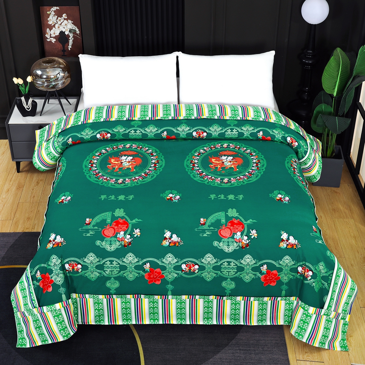 浩情国际婚庆供货中心 2026新款高端婚庆经典结婚被单龙凤百子被套老粗布100%全棉纯棉大红长期供货 百子百福-深绿
