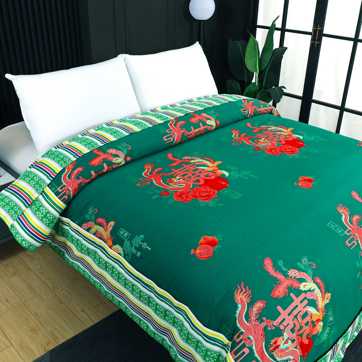 91家纺网 家纺一手货源 找家纺 浩情国际婚庆供货中心 2026新款高端婚庆经典结婚被单龙凤百子被套老粗布100%全棉纯棉大红长期供货 龙凤爱恋-深绿