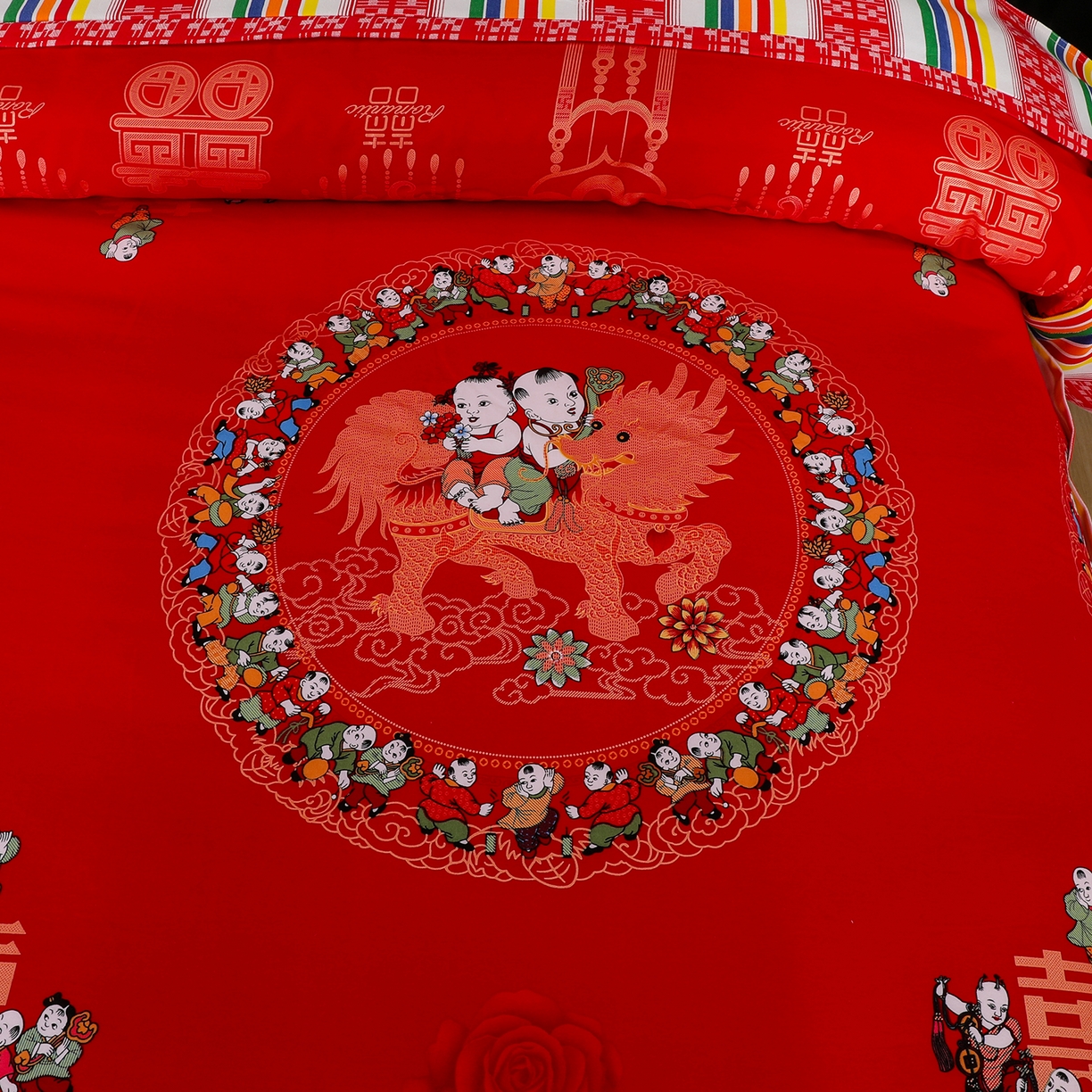 91家纺网 家纺一手货源 找家纺 浩情国际婚庆供货中心 2026新款高端婚庆经典结婚被单龙凤百子被套老粗布100%全棉纯棉大红长期供货 百子百福-大红