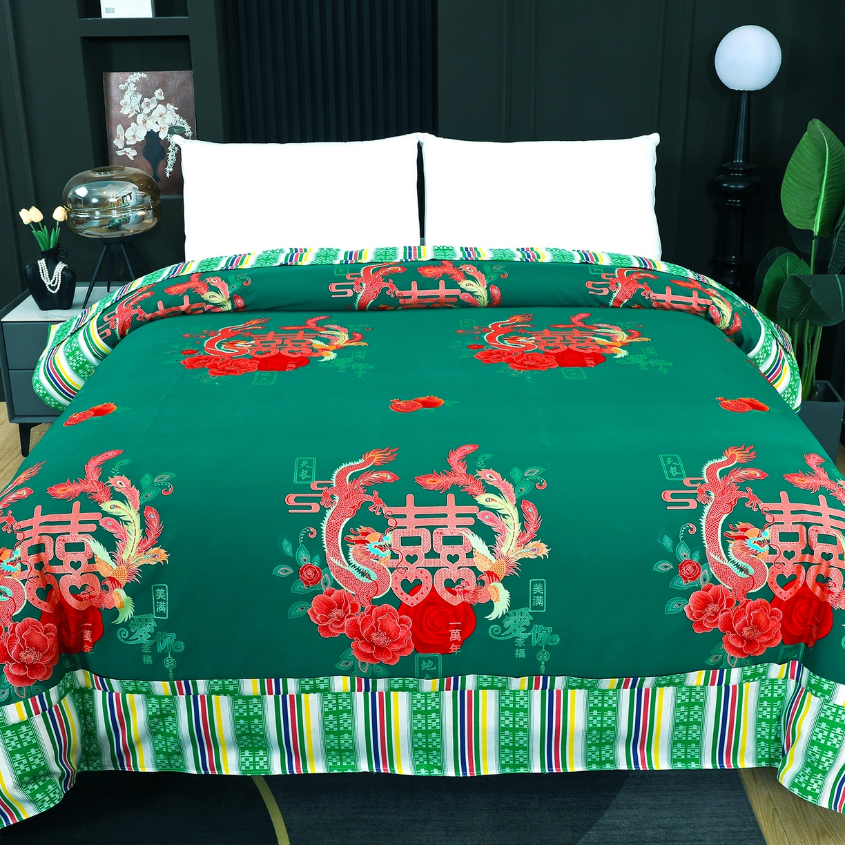 91家纺网 家纺一手货源 找家纺 浩情国际婚庆供货中心 2026新款高端婚庆经典结婚被单龙凤百子被套老粗布100%全棉纯棉大红长期供货 龙凤爱恋-深绿