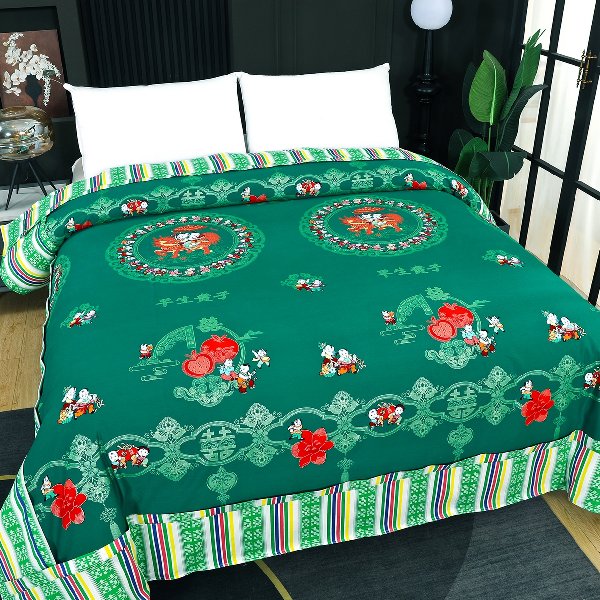 91家纺网 家纺一手货源 找家纺 浩情国际婚庆供货中心 2026新款高端婚庆经典结婚被单龙凤百子被套老粗布100%全棉纯棉大红长期供货 百子百福-深绿