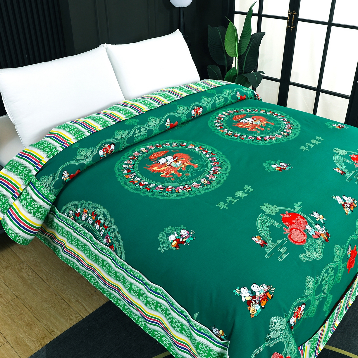 91家纺网 家纺一手货源 找家纺 浩情国际婚庆供货中心 2026新款高端婚庆经典结婚被单龙凤百子被套老粗布100%全棉纯棉大红长期供货 百子百福-深绿