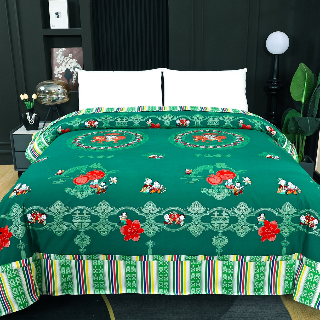 91家纺网 家纺一手货源 找家纺 浩情国际婚庆供货中心 2026新款高端婚庆经典结婚被单龙凤百子被套老粗布100%全棉纯棉大红长期供货 百子百福-深绿