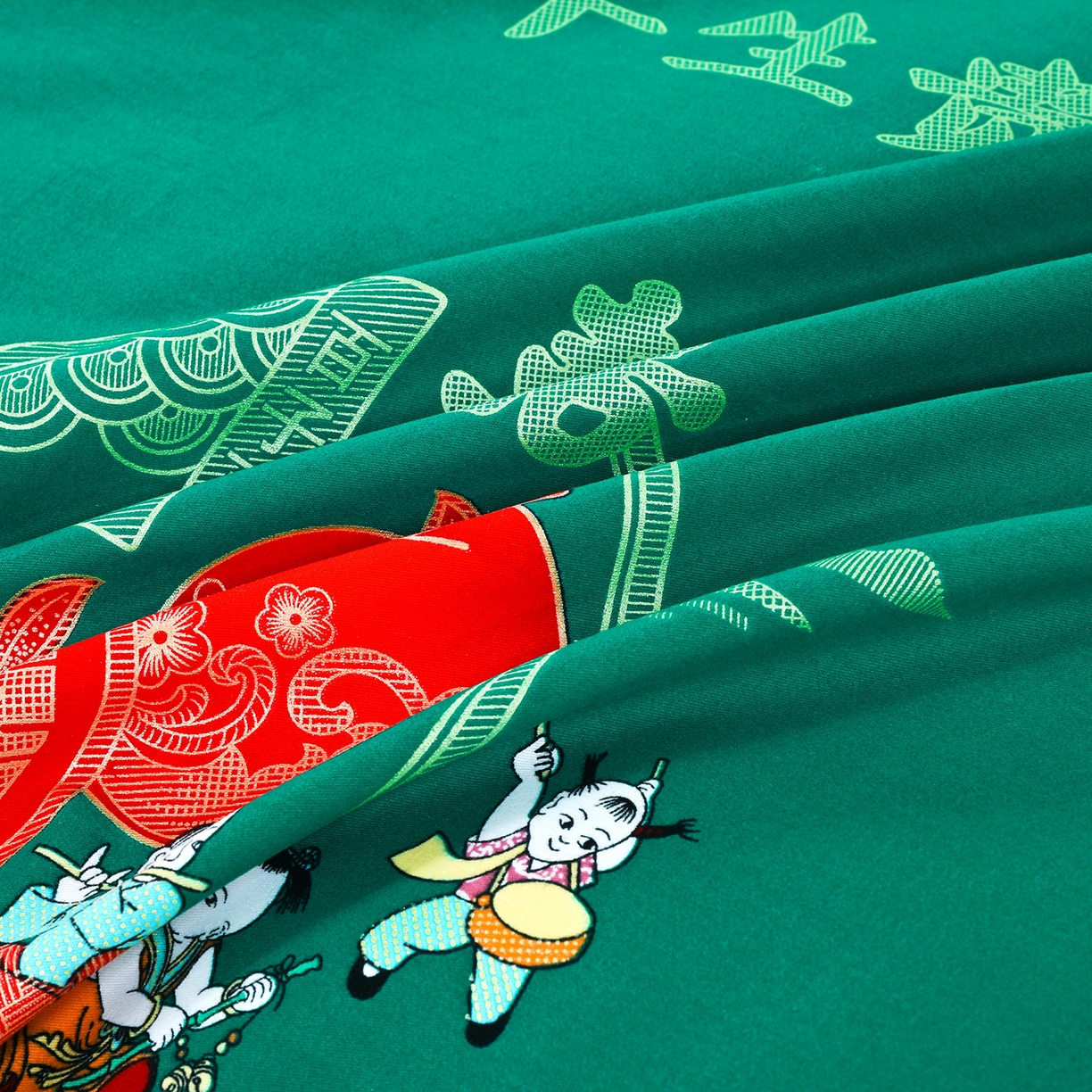 91家纺网 家纺一手货源 找家纺 浩情国际婚庆供货中心 2026新款高端婚庆经典结婚被单龙凤百子被套老粗布100%全棉纯棉大红长期供货 百子百福-深绿