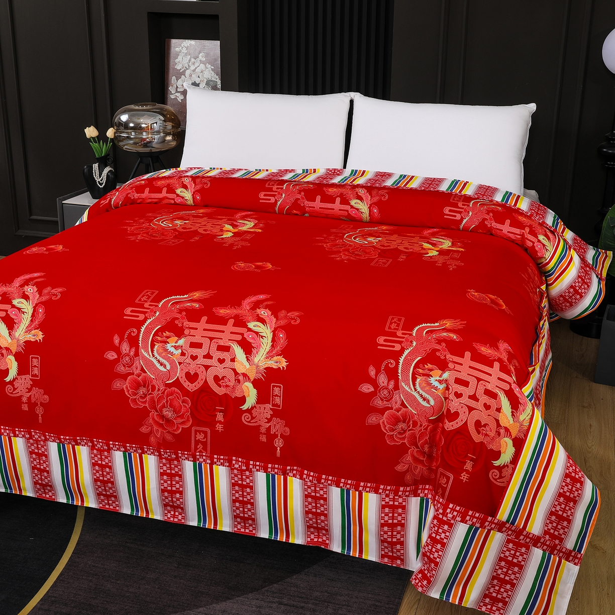 91家纺网 家纺一手货源 找家纺 浩情国际婚庆供货中心 2026新款高端婚庆经典结婚被单龙凤百子被套老粗布100%全棉纯棉大红长期供货 龙凤爱恋-大红