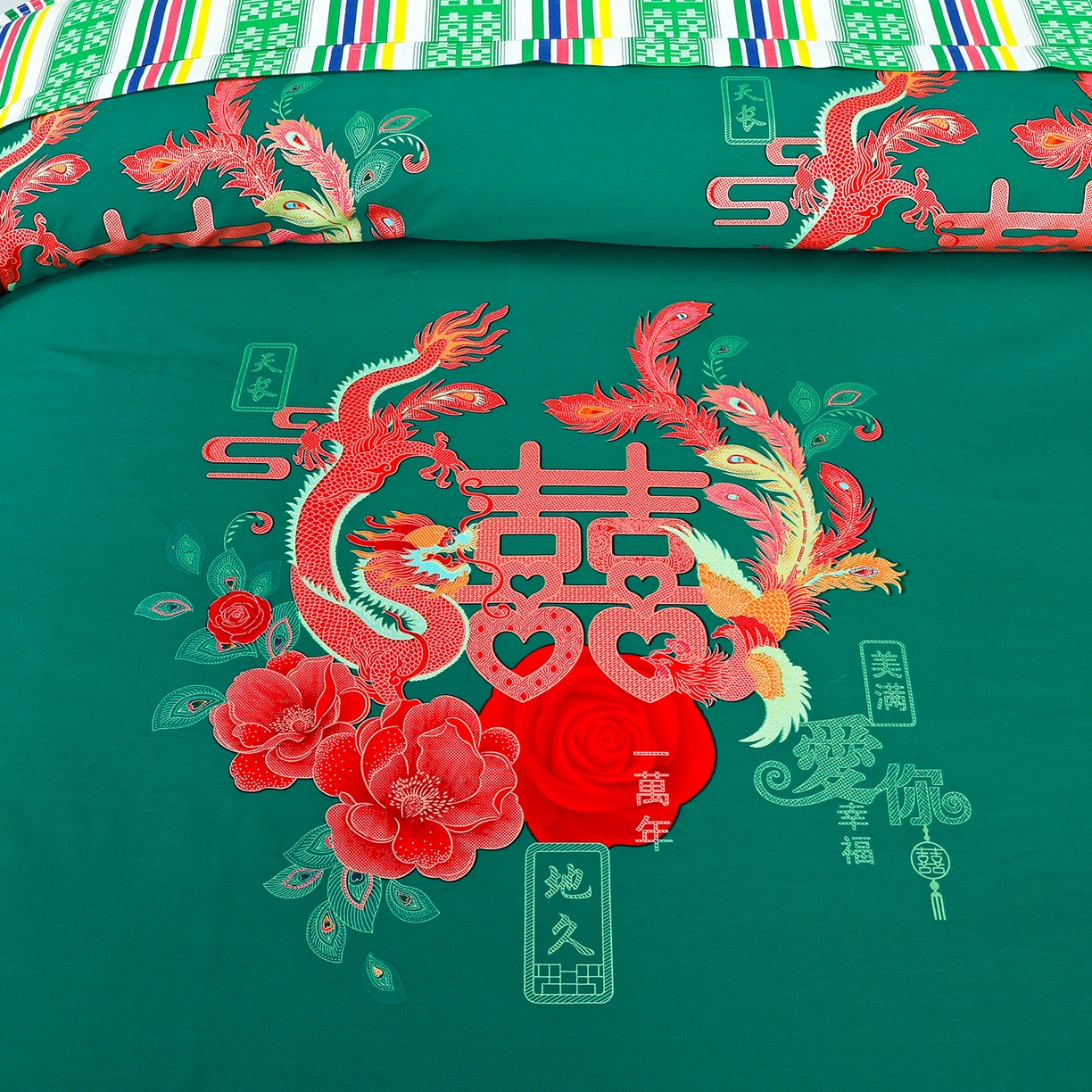 91家纺网 家纺一手货源 找家纺 浩情国际婚庆供货中心 2026新款高端婚庆经典结婚被单龙凤百子被套老粗布100%全棉纯棉大红长期供货 龙凤爱恋-深绿