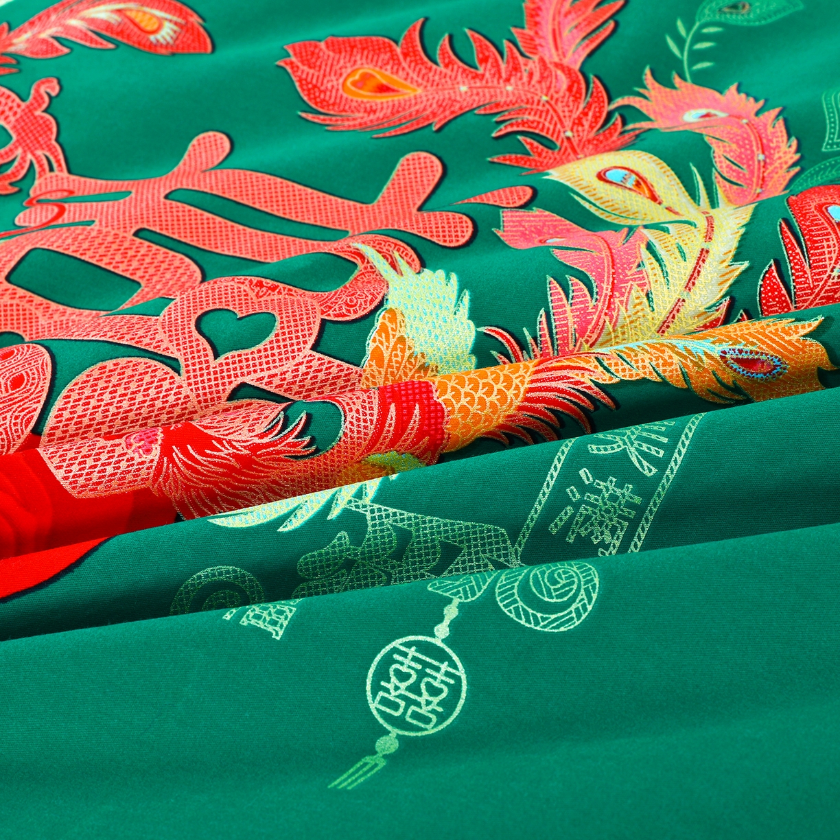 91家纺网 家纺一手货源 找家纺 浩情国际婚庆供货中心 2026新款高端婚庆经典结婚被单龙凤百子被套老粗布100%全棉纯棉大红长期供货 龙凤爱恋-深绿