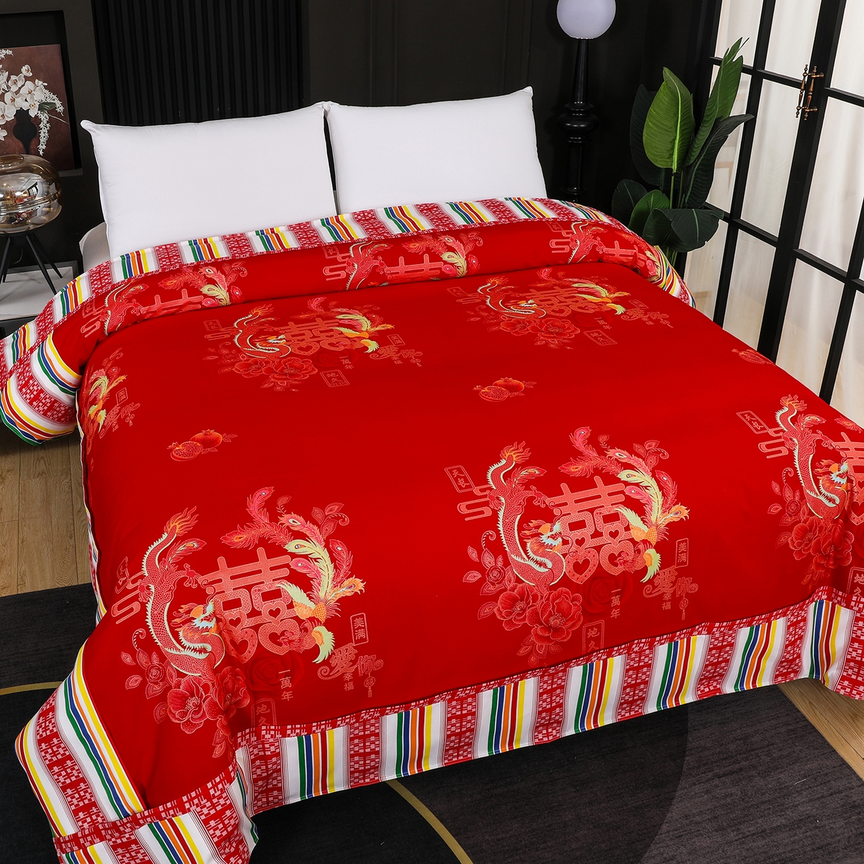 91家纺网 家纺一手货源 找家纺 浩情国际婚庆供货中心 2026新款高端婚庆经典结婚被单龙凤百子被套老粗布100%全棉纯棉大红长期供货 龙凤爱恋-大红