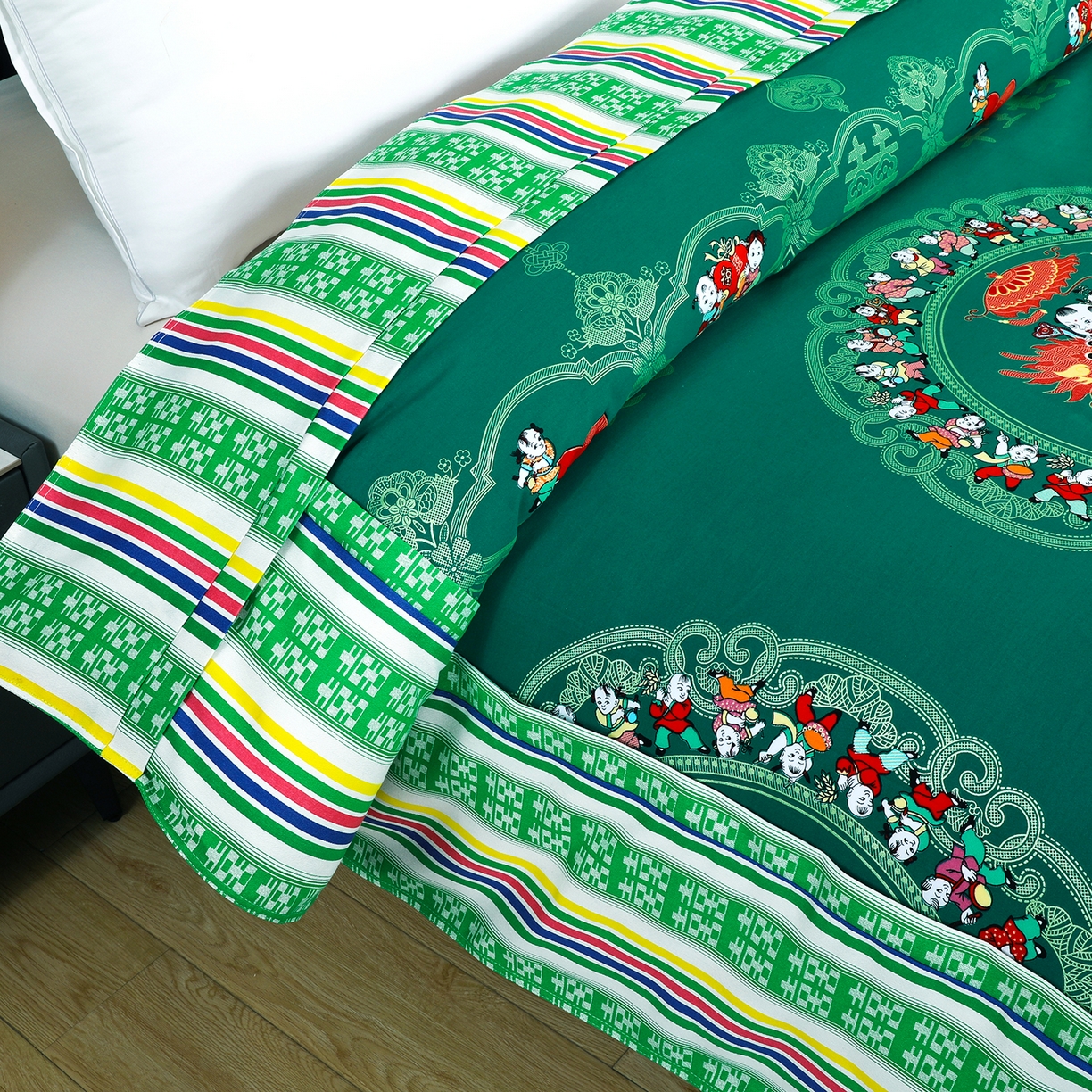 91家纺网 家纺一手货源 找家纺 浩情国际婚庆供货中心 2026新款高端婚庆经典结婚被单龙凤百子被套老粗布100%全棉纯棉大红长期供货 百子百福-深绿