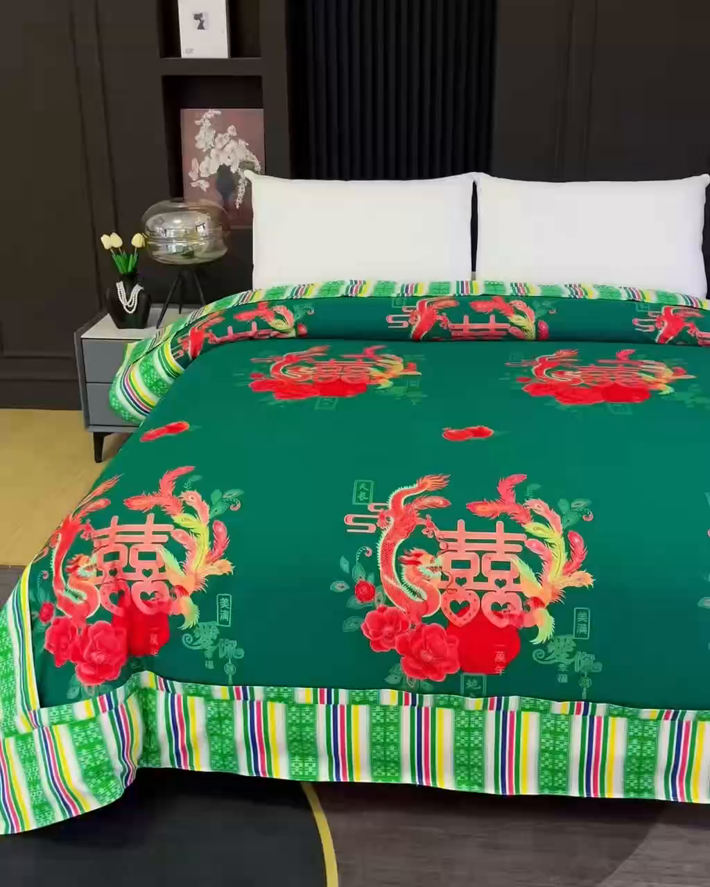 91家纺网 家纺一手货源 找家纺 浩情国际婚庆供货中心 2026新款高端婚庆经典结婚被单龙凤百子被套老粗布100%全棉纯棉大红长期供货 龙凤爱恋-深绿
